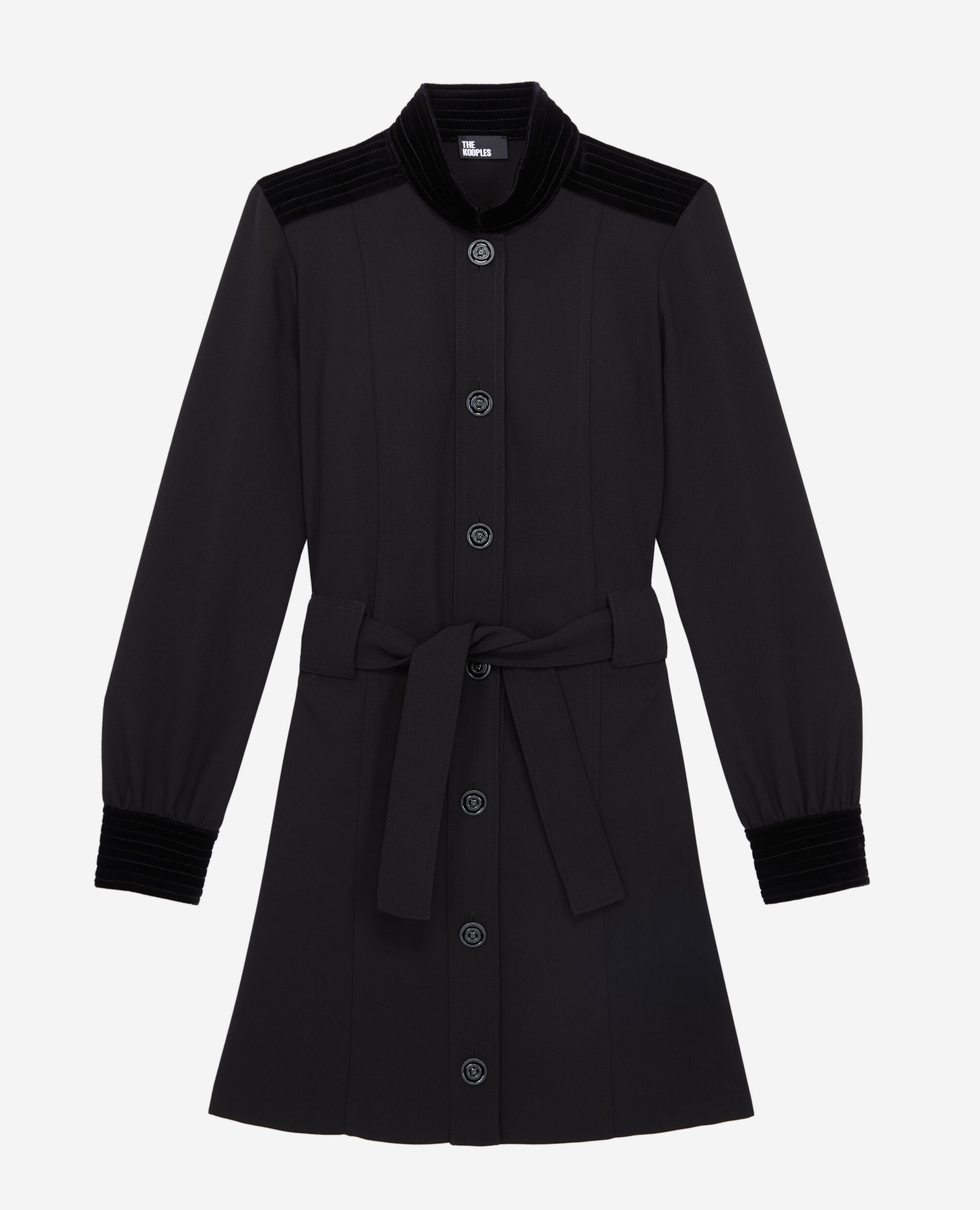 Robe courte noire en crêpe avec détails en velours, BLACK, hi-res image number null