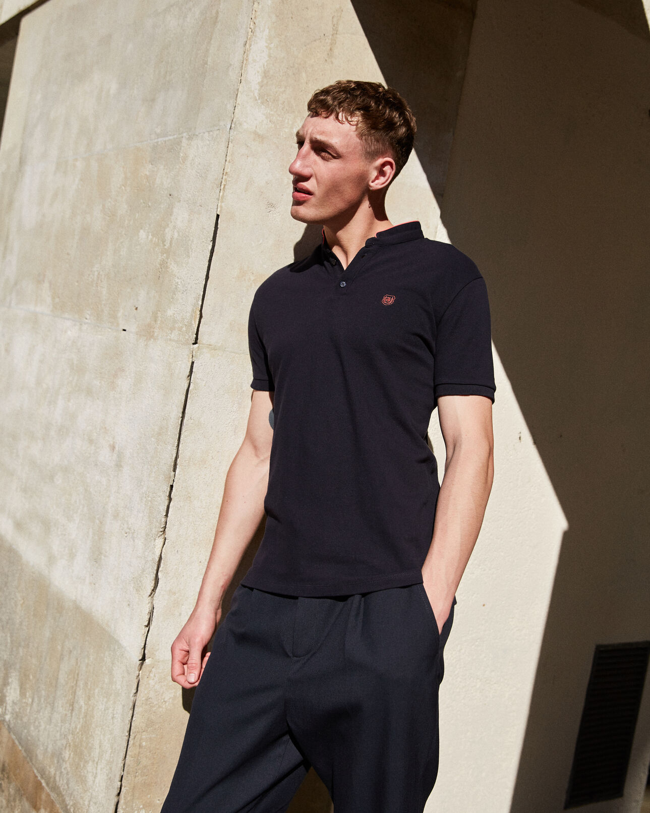 The Kooples H DARK NAVY / FLUO PINK embroidered cotton pink detail slim blue polo shirt
