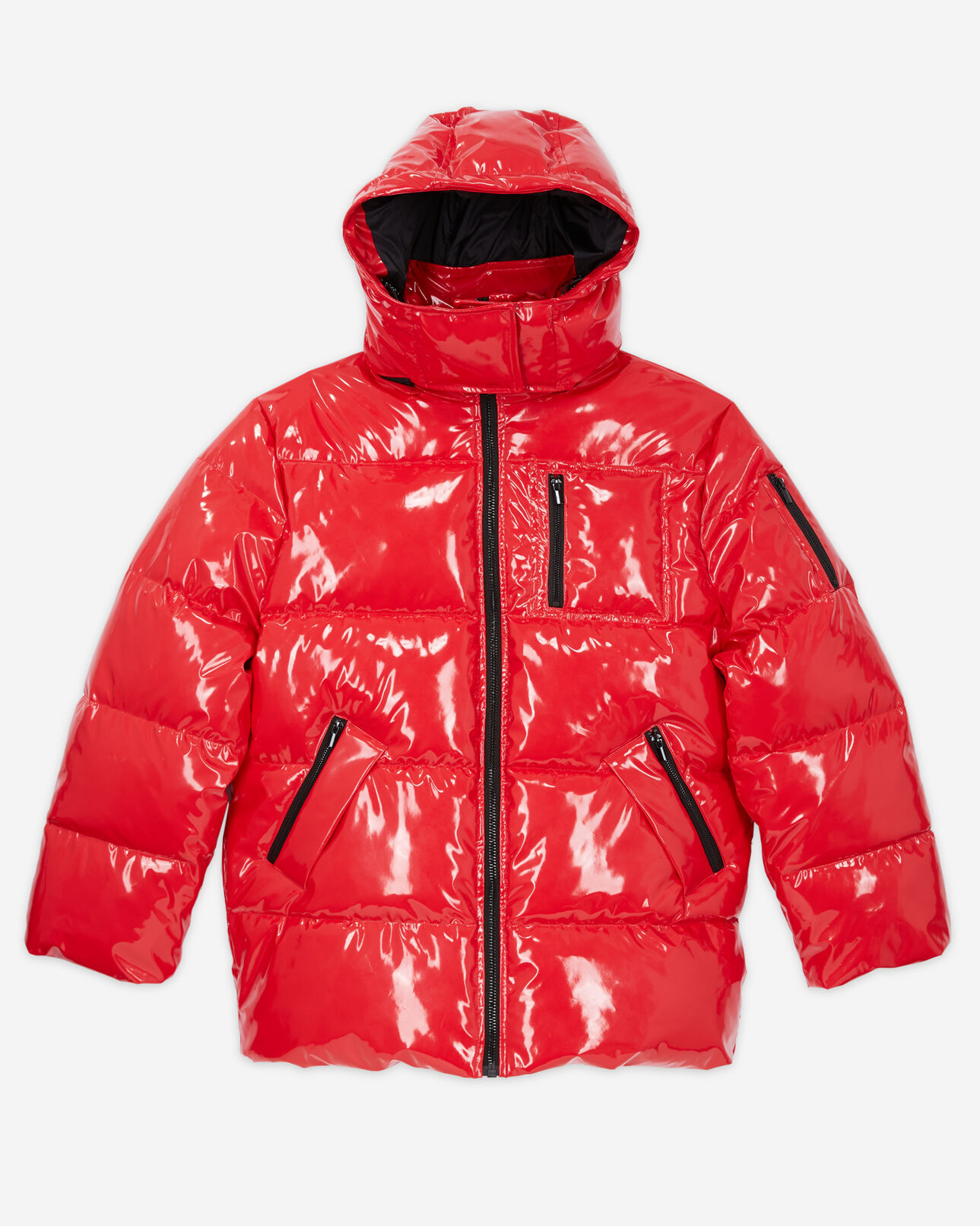 The Kooples FEMME RED doudoune oversize vinyle rouge bretelles à logo