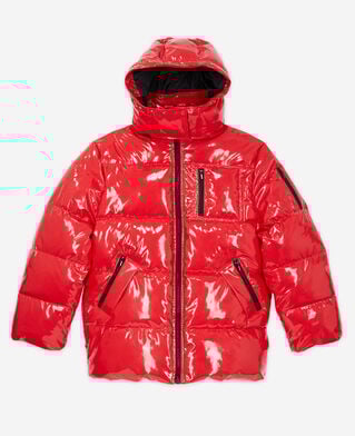 The Kooples DAMEN RED rote oversize-daunenjacke aus vinyl mit riemchen und the kooples-logo