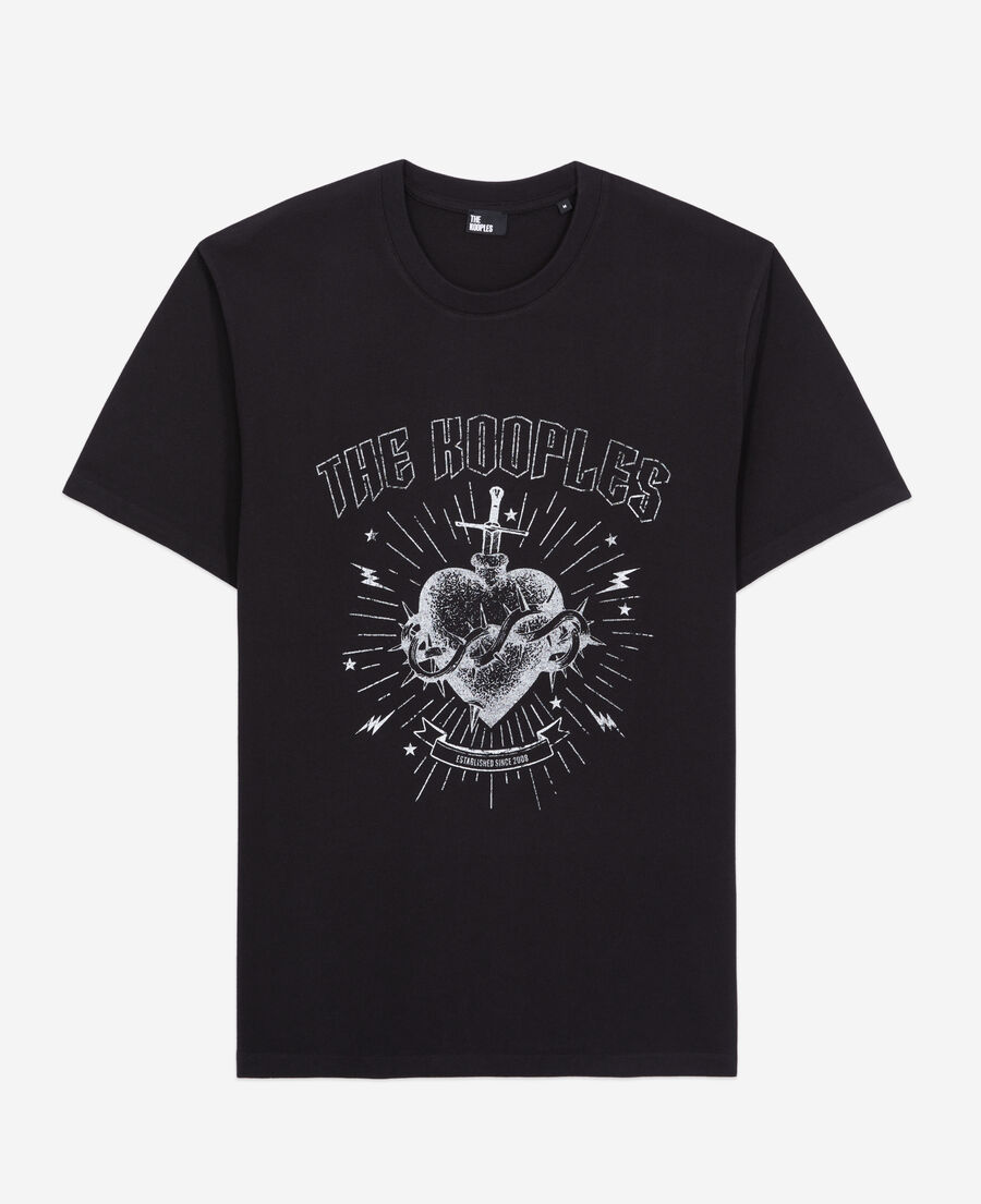 The Kooples MEN BLACK WASHED men's black t-shirt with dagger through heart serigraphy