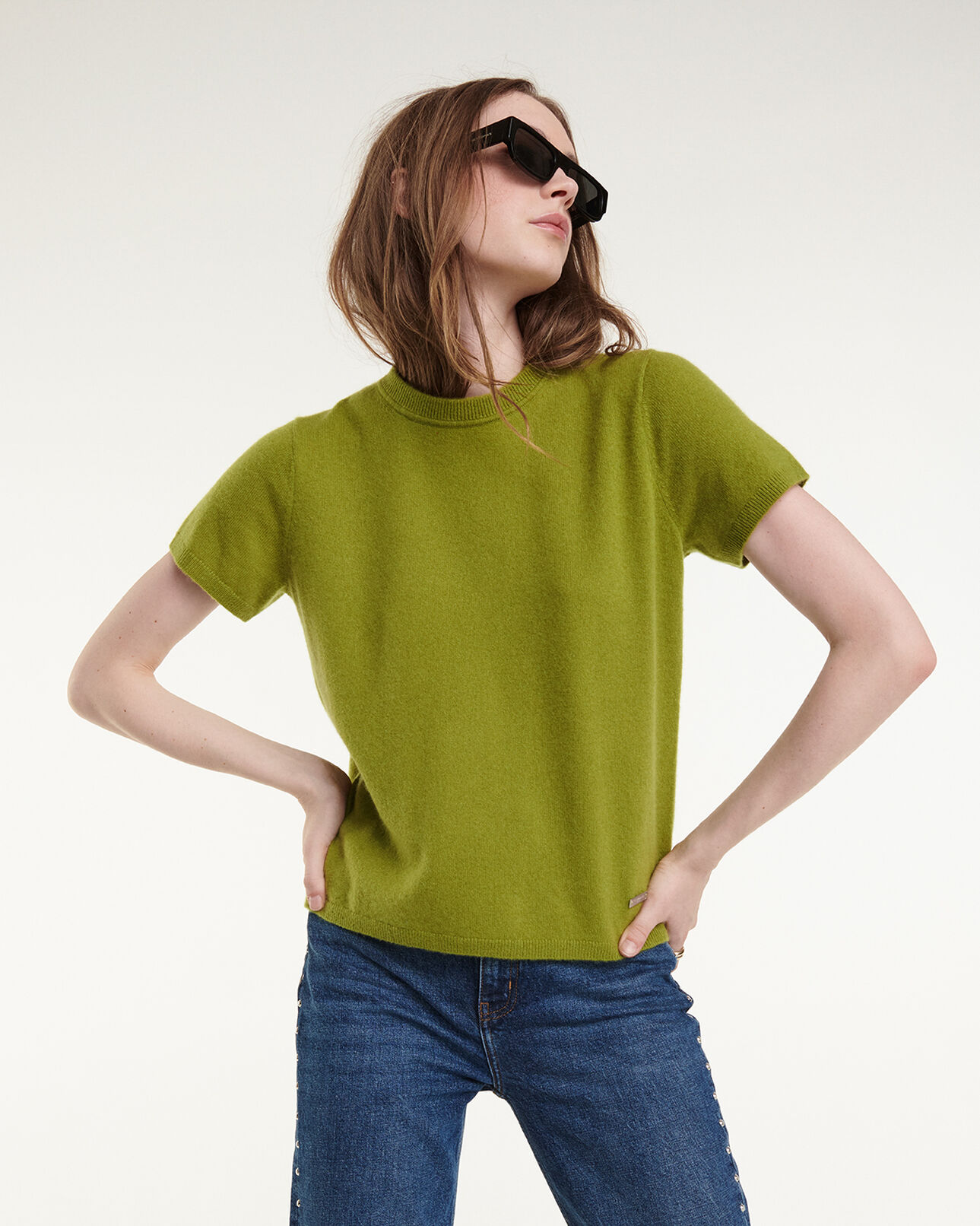 The Kooples FEMME GREEN pull cachemire vert ajusté col rond