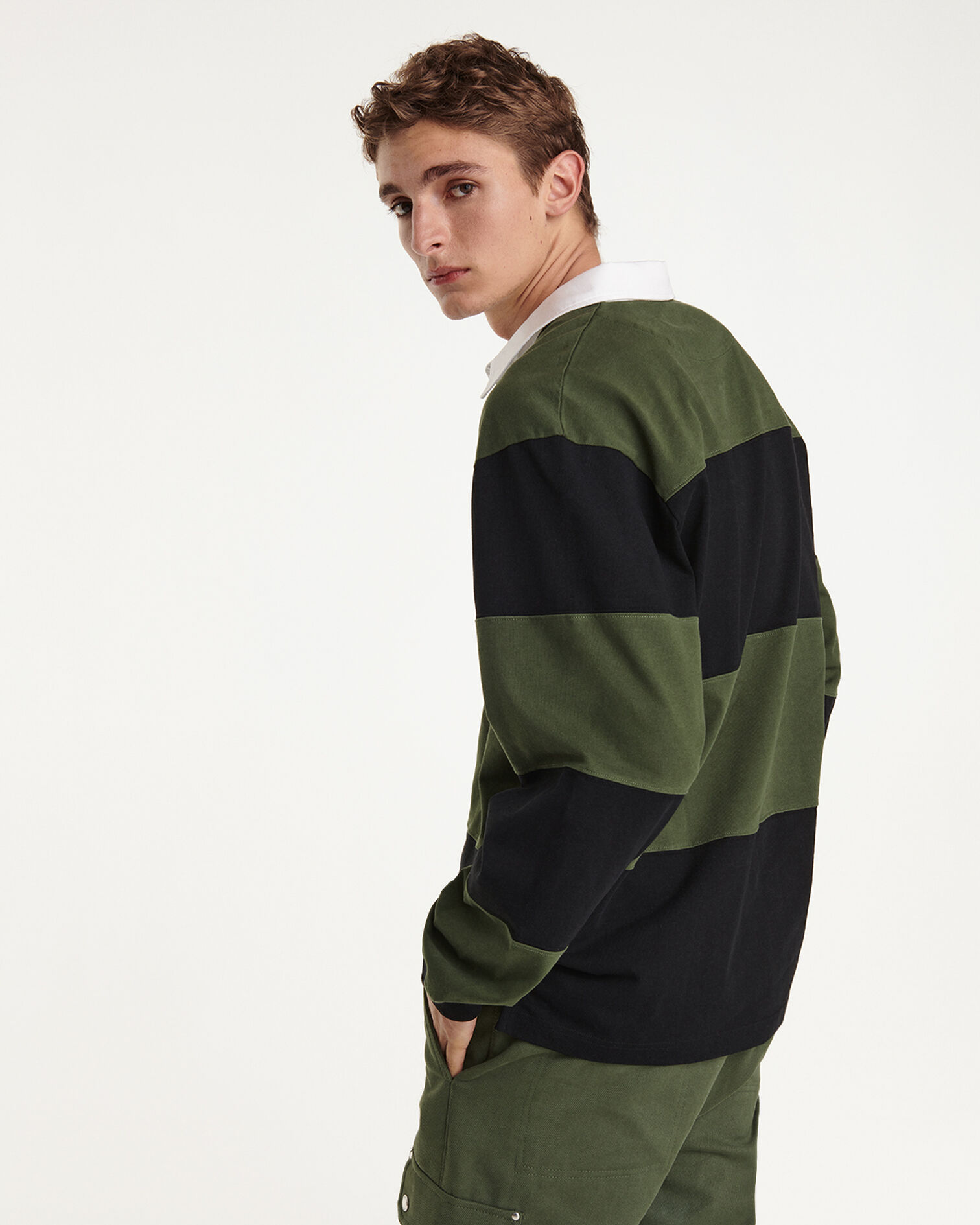 Poloshirt Oversize gestreift dicke Baumwolle, BLACK KAKI, hi-res image number null