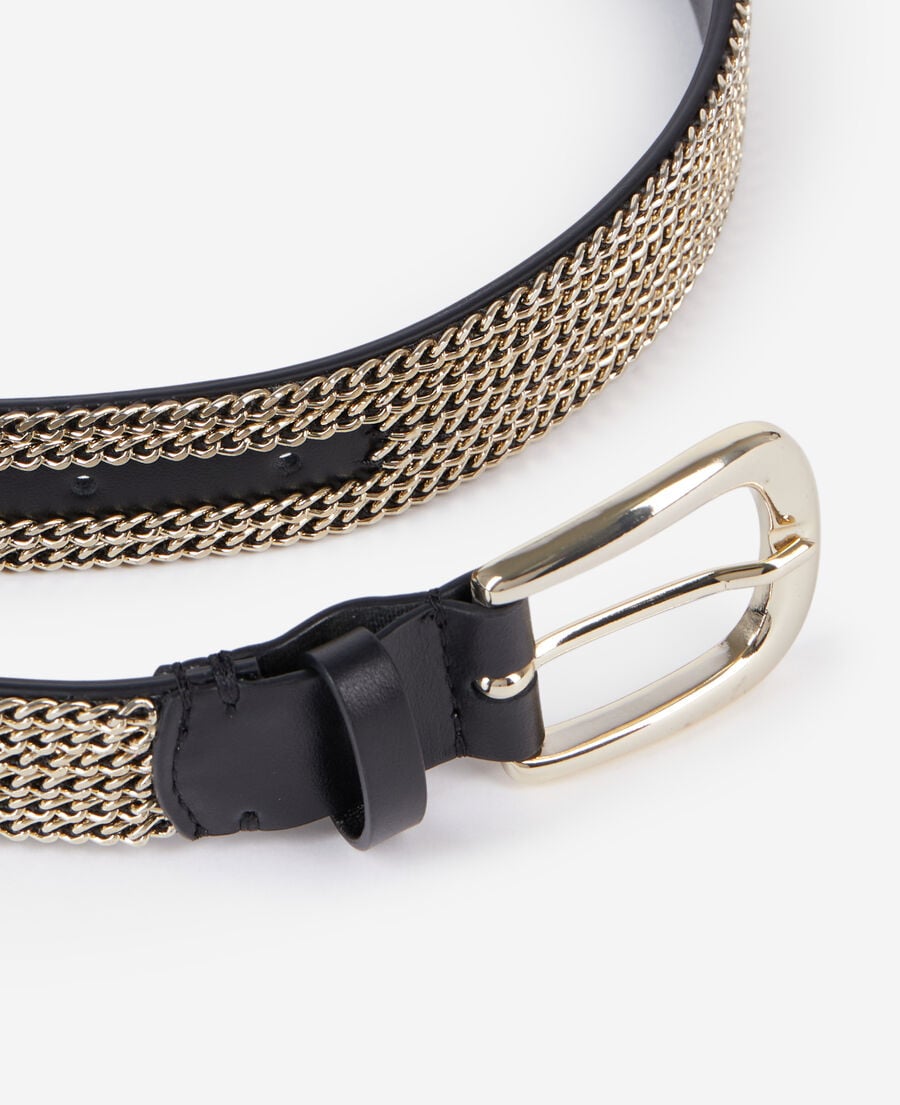 The Kooples WOMEN GOLD black leather belt with chains