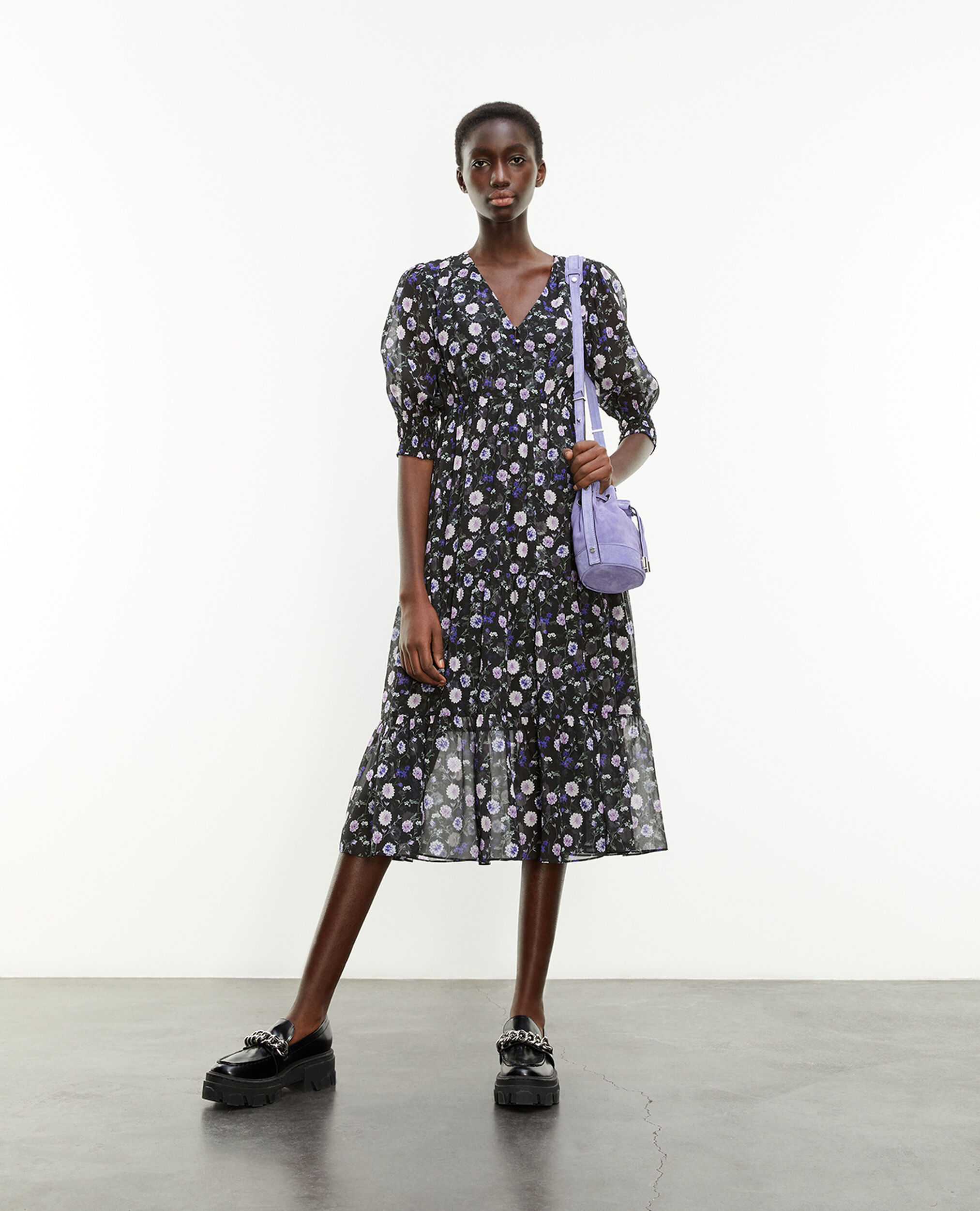 Buttoned printed midi dress with frills, BLACK-PURPLE, hi-res image number null
