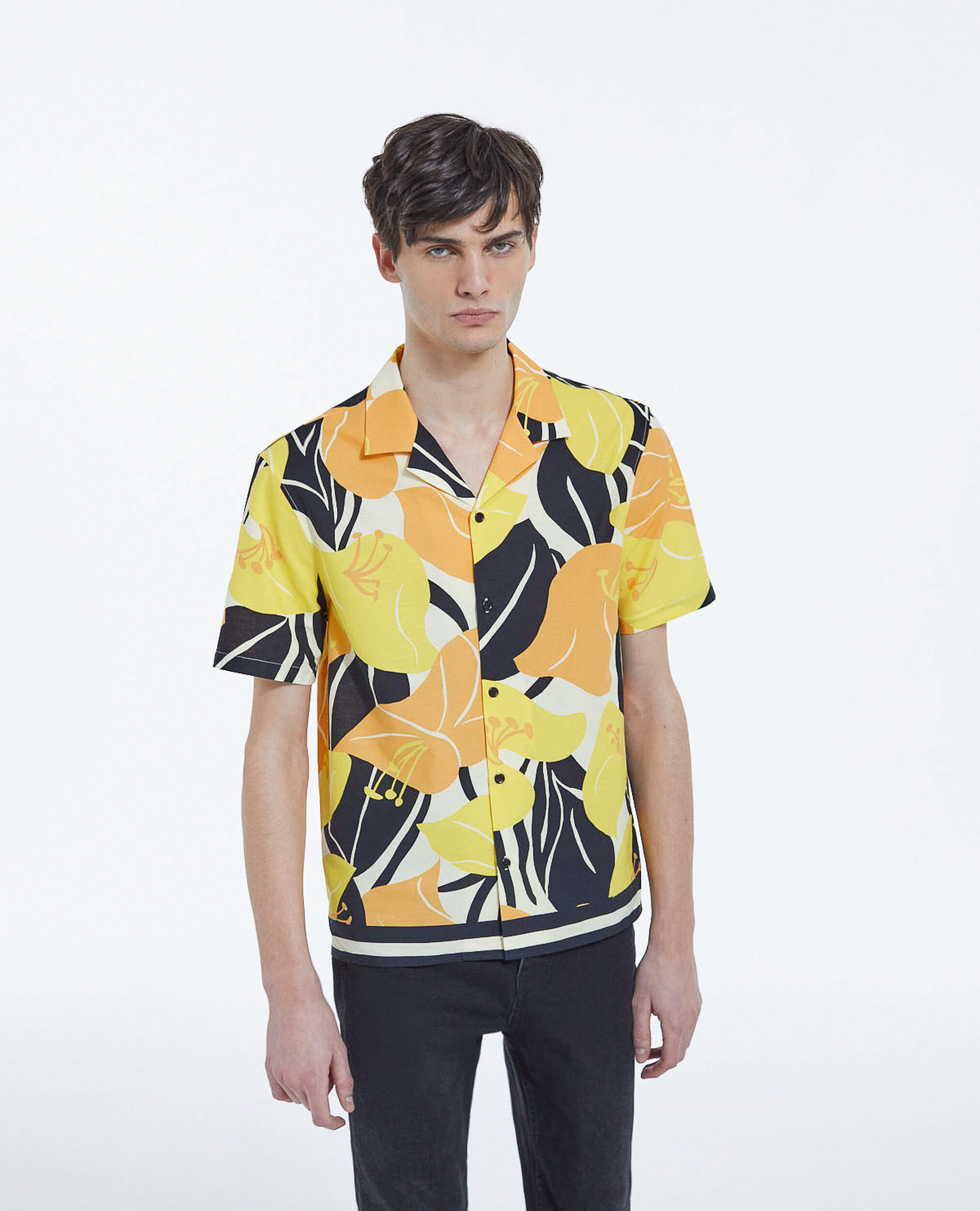 Yellow cotton shirt with hibiscus print, YELLOW BLACK, hi-res image number null