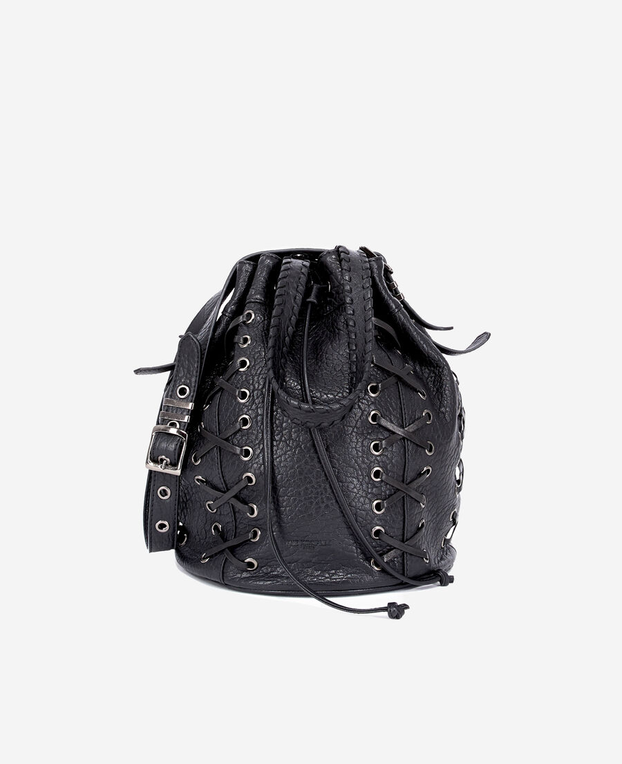 더 쿠플스 The Kooples Sac seau en cuir noir avec lacage,BLACK