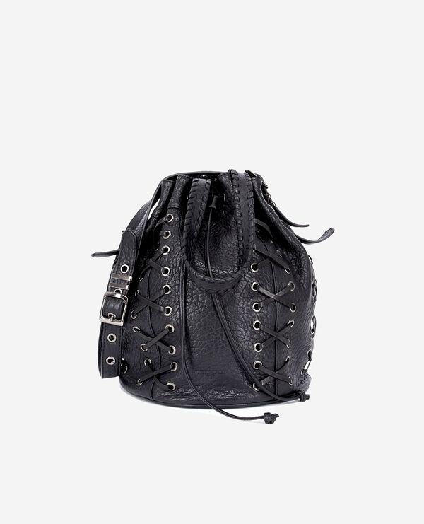 black leather bucket bag with lacing