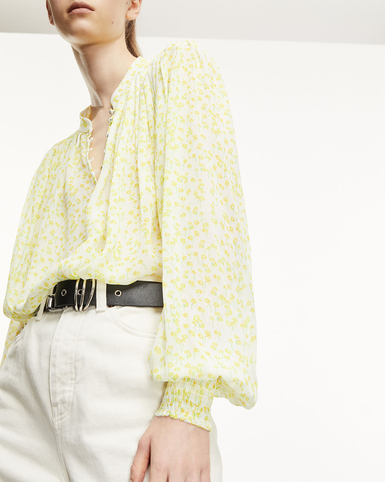 The Kooples FEMME WHITE / DEEP YELLOW top fluide blanc et jaune à col rond