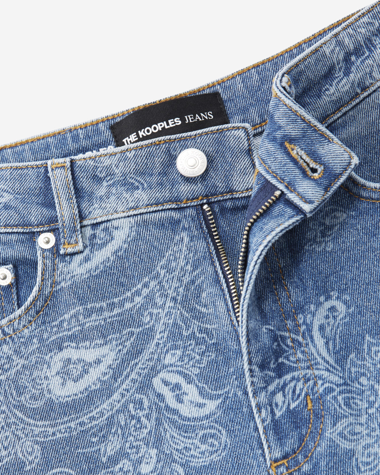 The Kooples WOMEN BLUE DENIM straight cropped jeans with faded paisley pattern