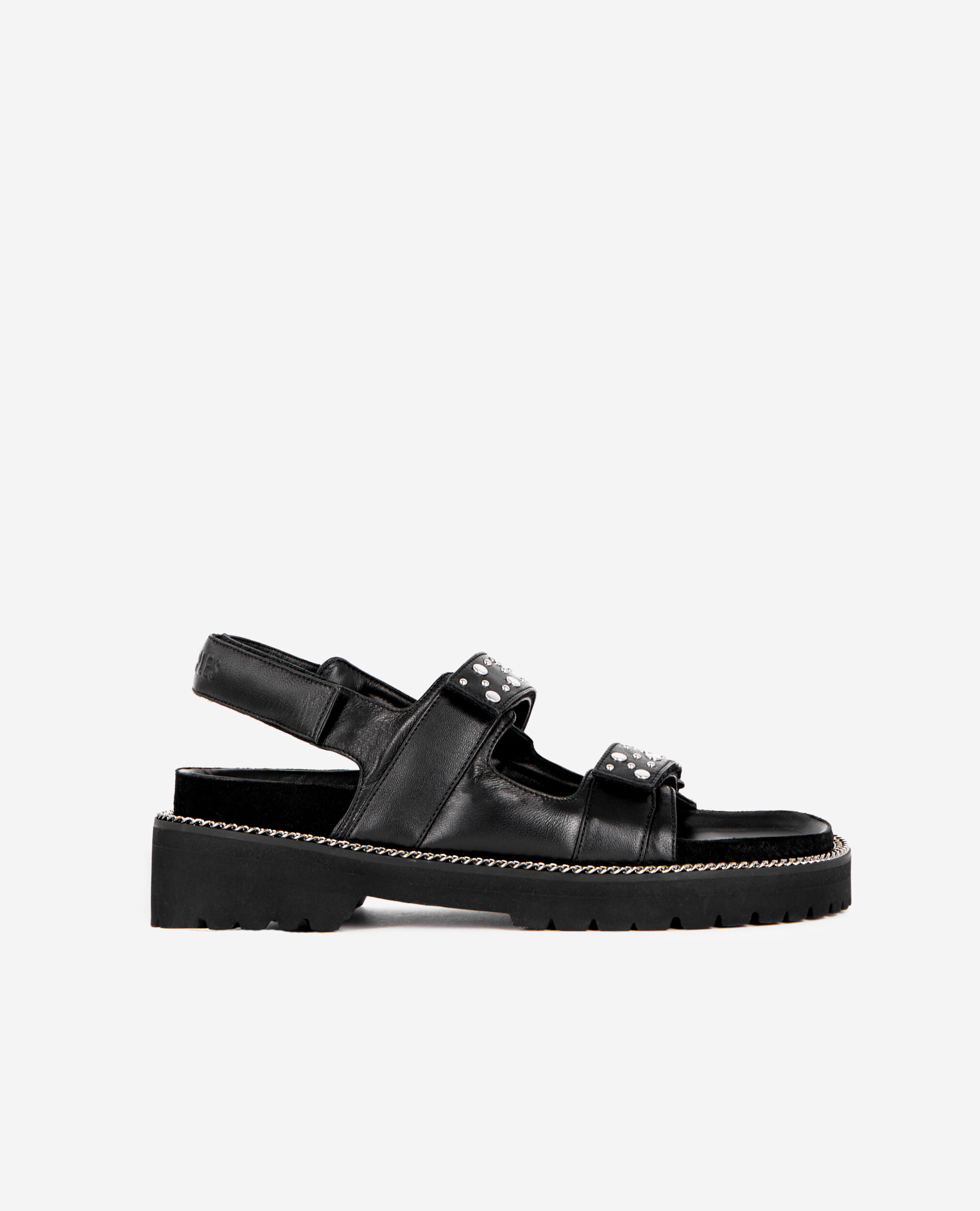 Sandales plates en cuir noir avec chaîne et clous, BLACK, hi-res image number null