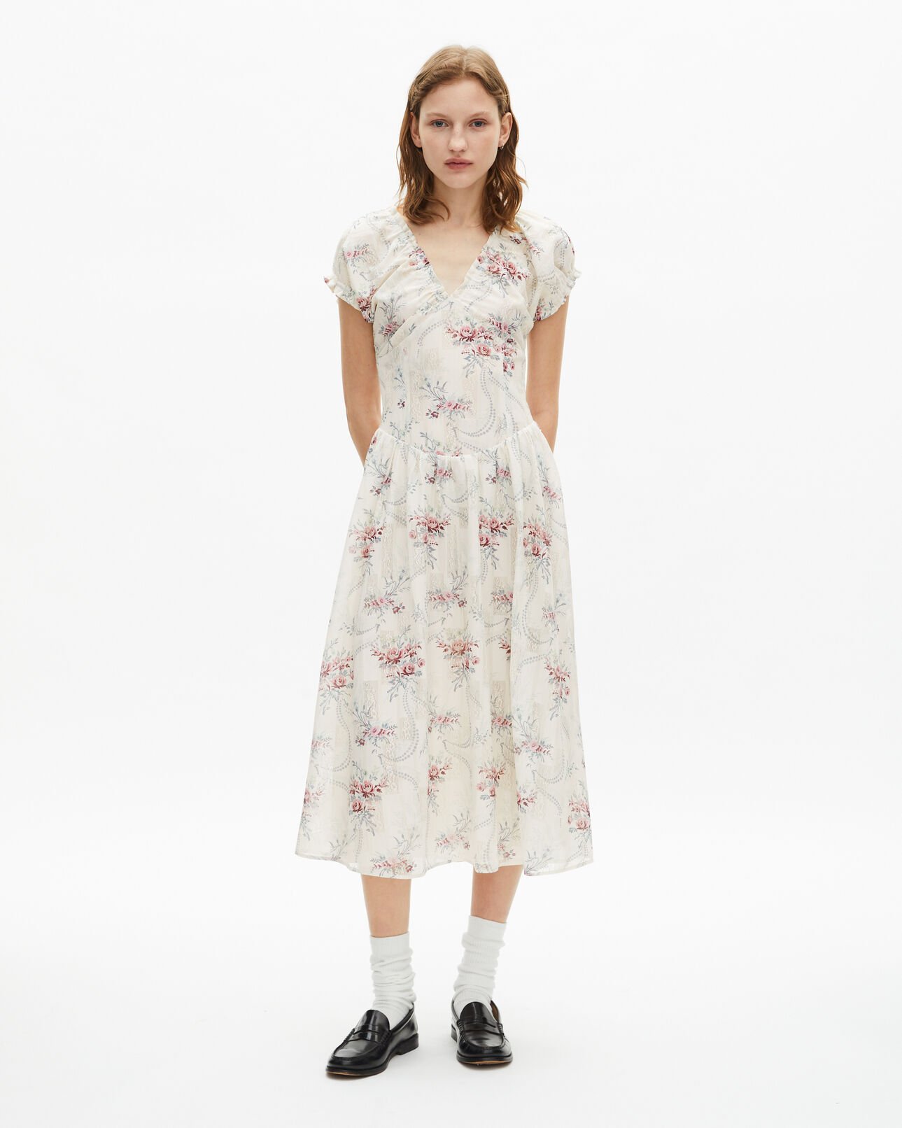 The Kooples FEMME OFF WHITE / PINK robe longue imprimé fleuri blanche