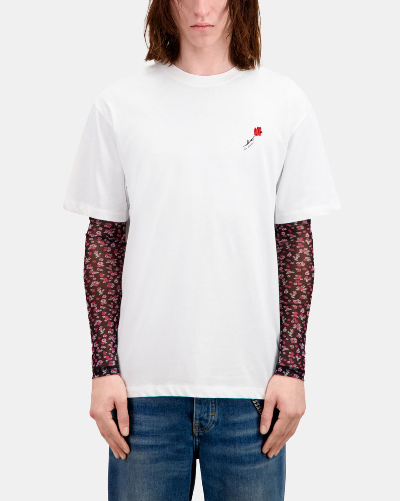 The Kooples MEN WHITE men's white t-shirt with flower embroidery