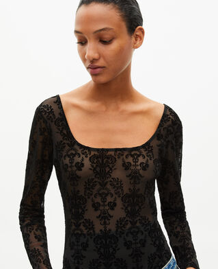 The Kooples WOMEN BLACK mesh bodysuit with black flocking