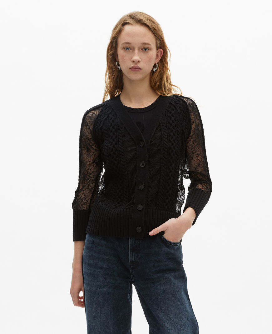 The Kooples FEMME BLACK cardigan en laine et dentelle noir