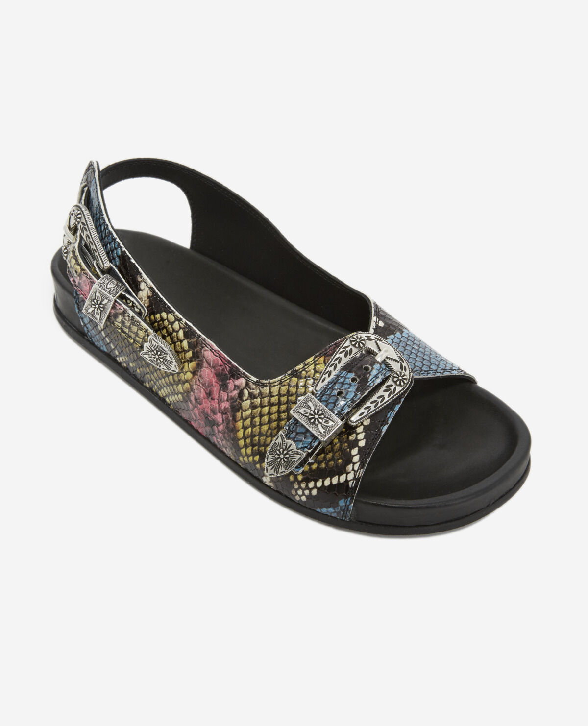 Flat leather sandals w colored snake effect
