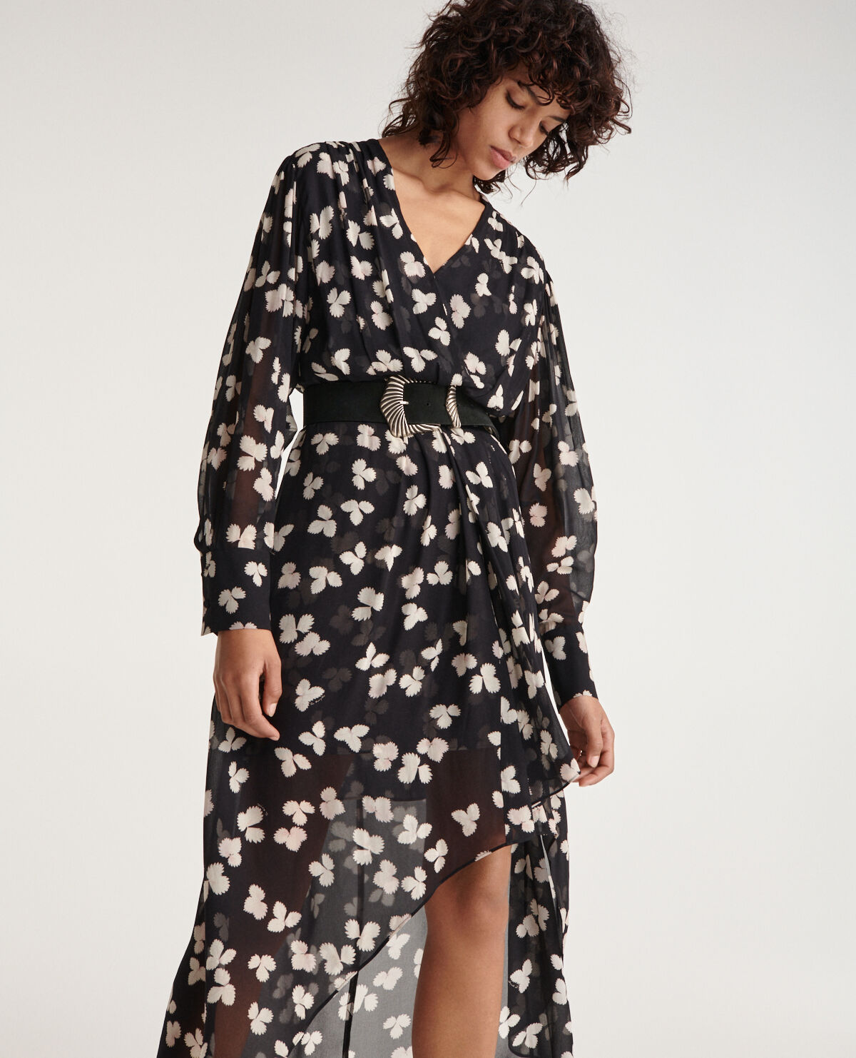 Robe longue noire fleurie asym trique The Kooples France