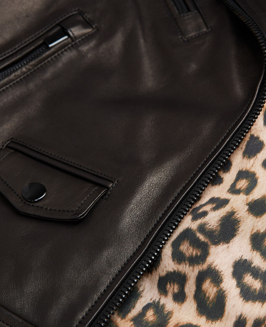 black leather jacket with leopard lining