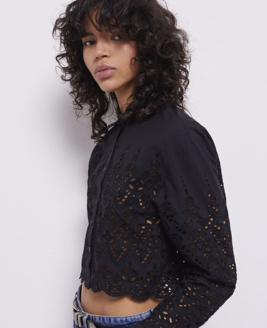 short black shirt with broderie anglaise 