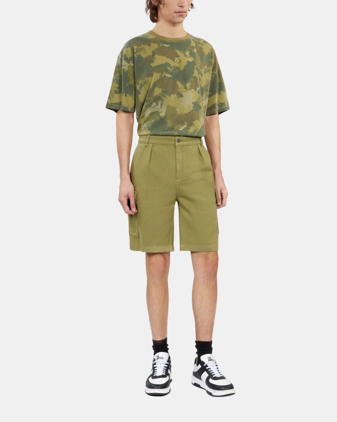 The Kooples MEN WOOD KAKI khaki cotton and linen cargo shorts
