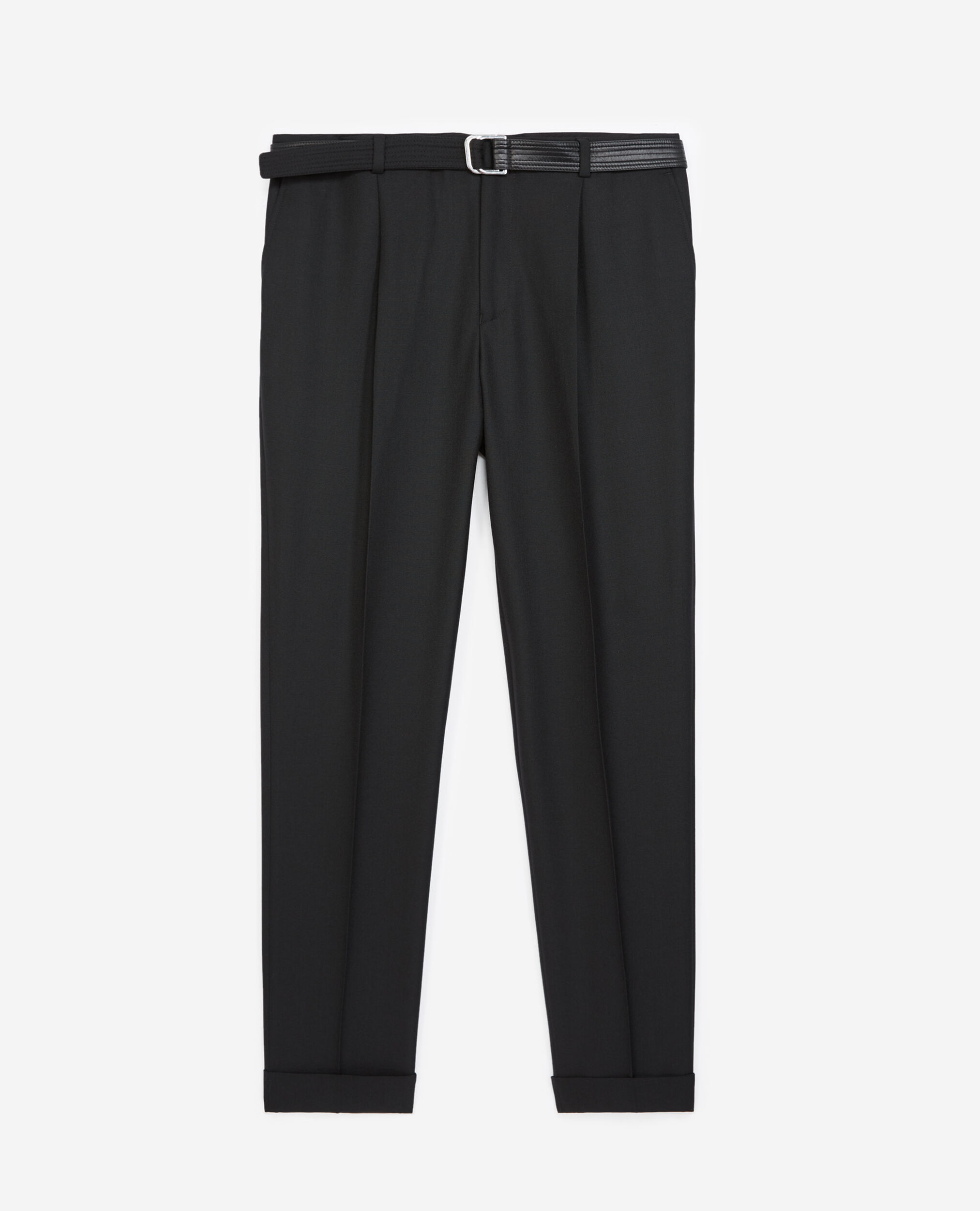 Black suit trousers in wool with belt, BLACK, hi-res image number null