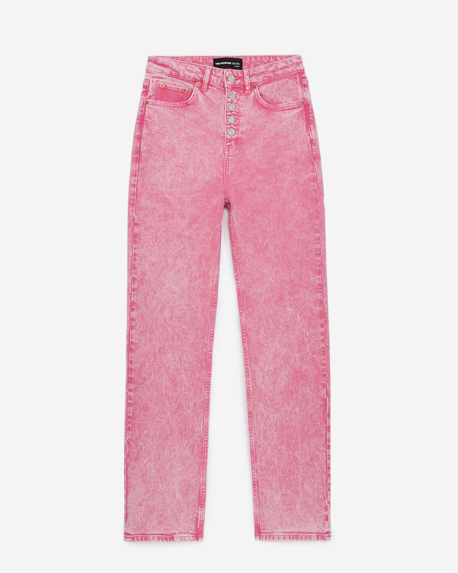 High-waisted pink jeans with visible buttons, FRESH PINK, hi-res image number null