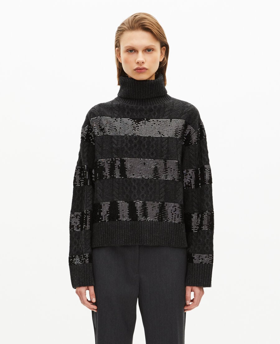 The Kooples WOMEN BLACK dark grey turtleneck sweater with sequin stripes