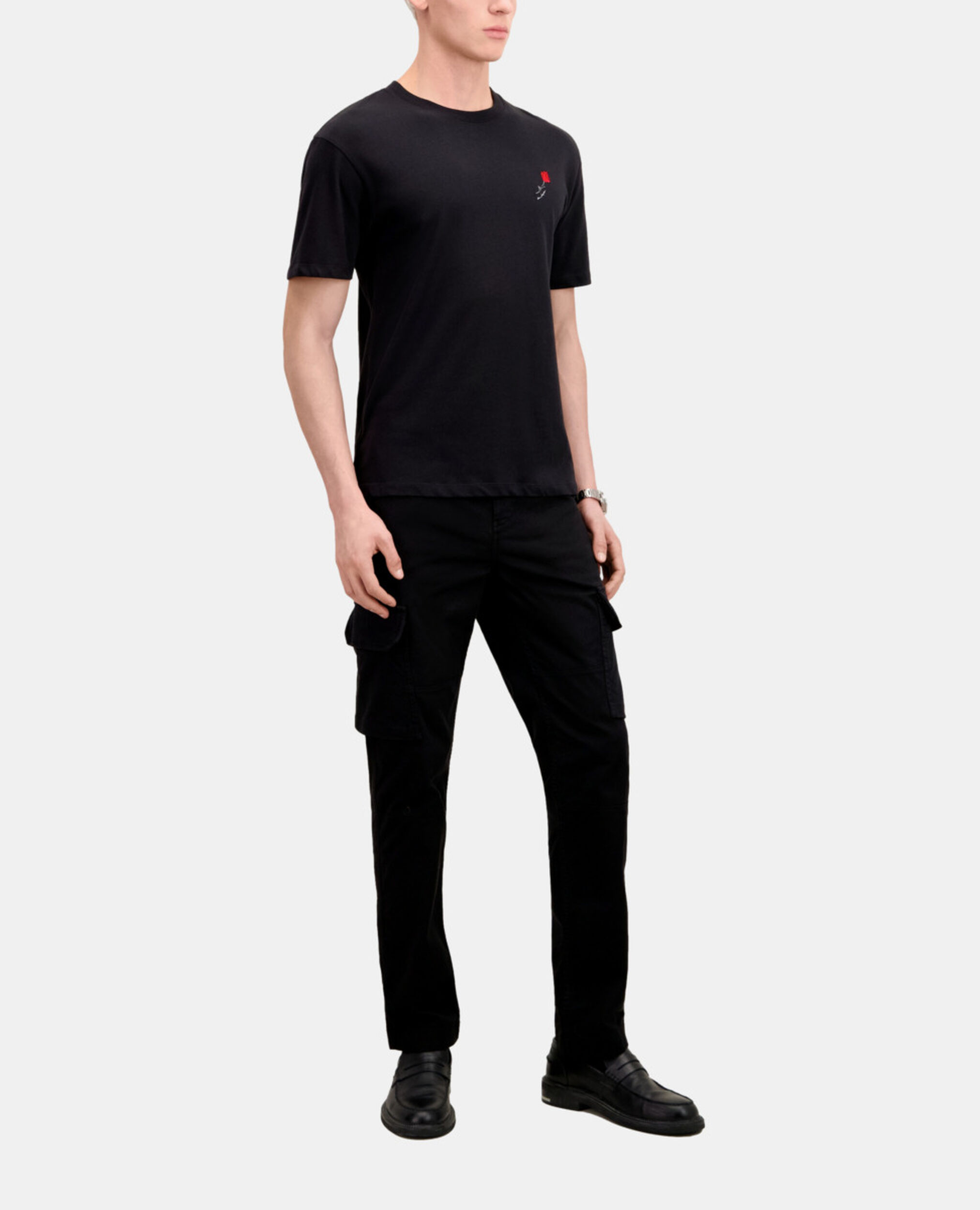 Men's black t-shirt with flower embroidery, BLACK, hi-res image number null
