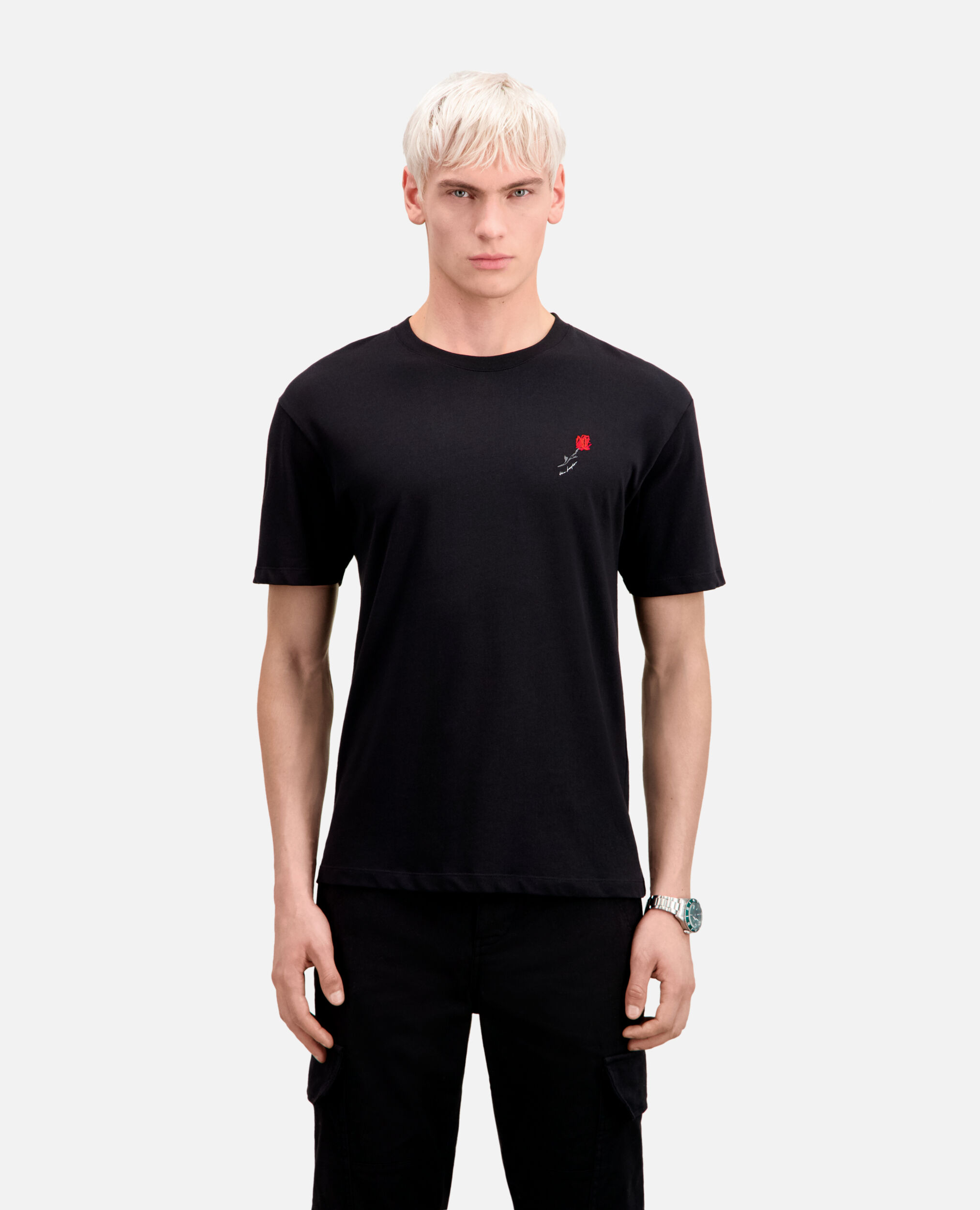 Men's black t-shirt with flower embroidery, BLACK, hi-res image number null