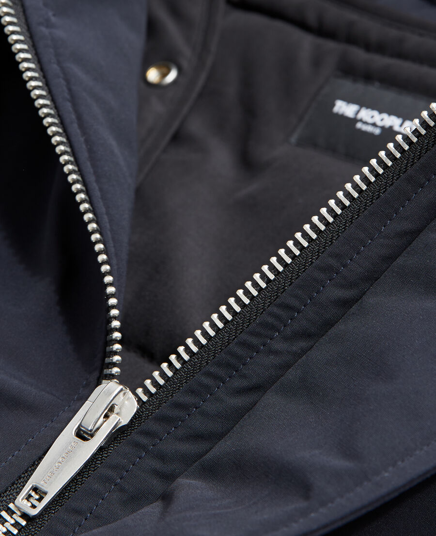 parka nylon bleu marine à capuche cuir
