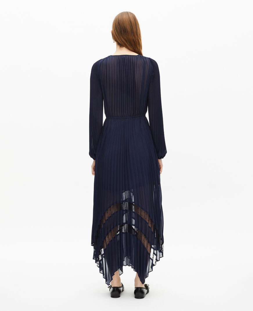The Kooples FEMME NAVY robe longue plissée avec dentelle bleu marine