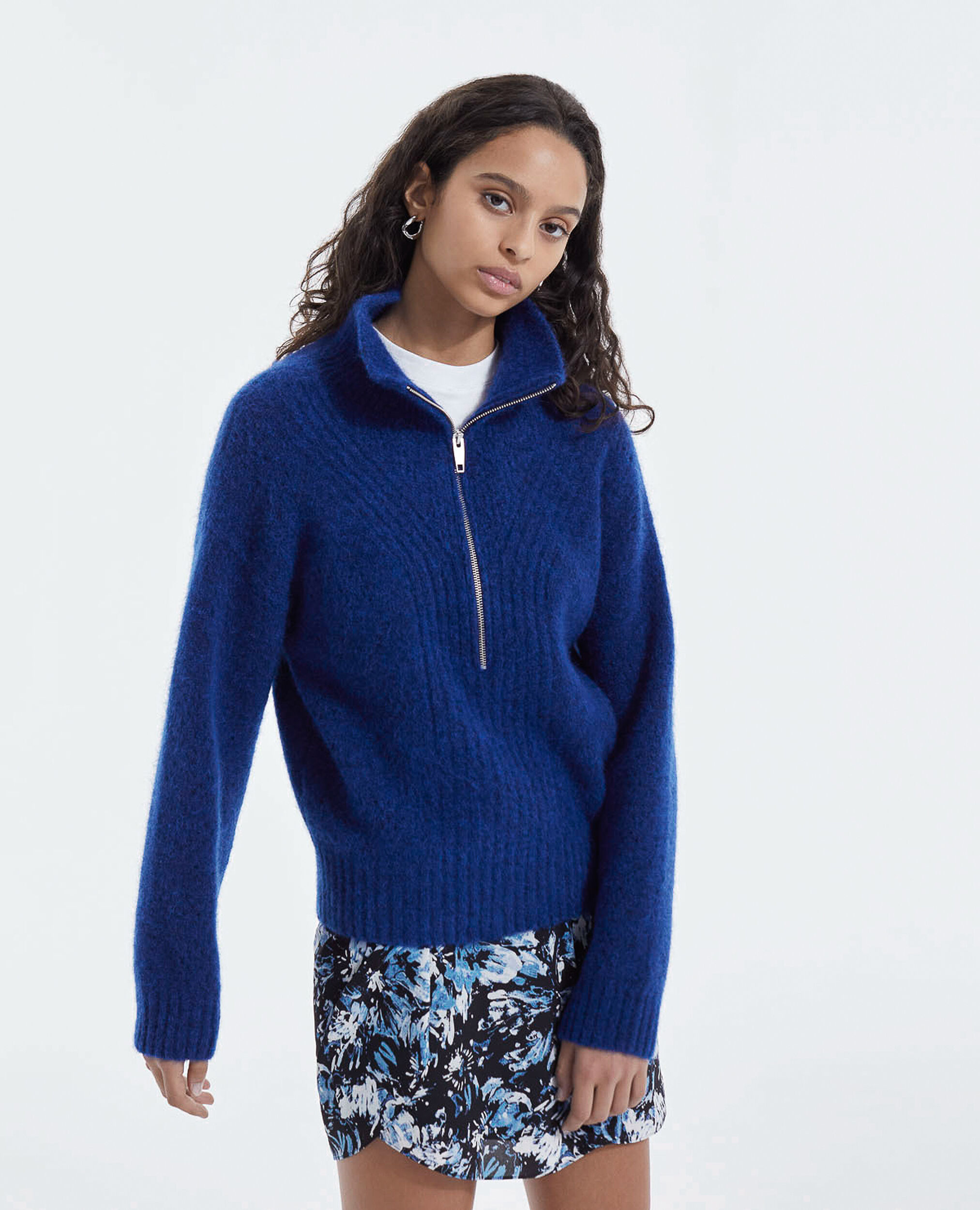 Blue sweater in alpaca wool w/roll neck, BLUE, hi-res image number null