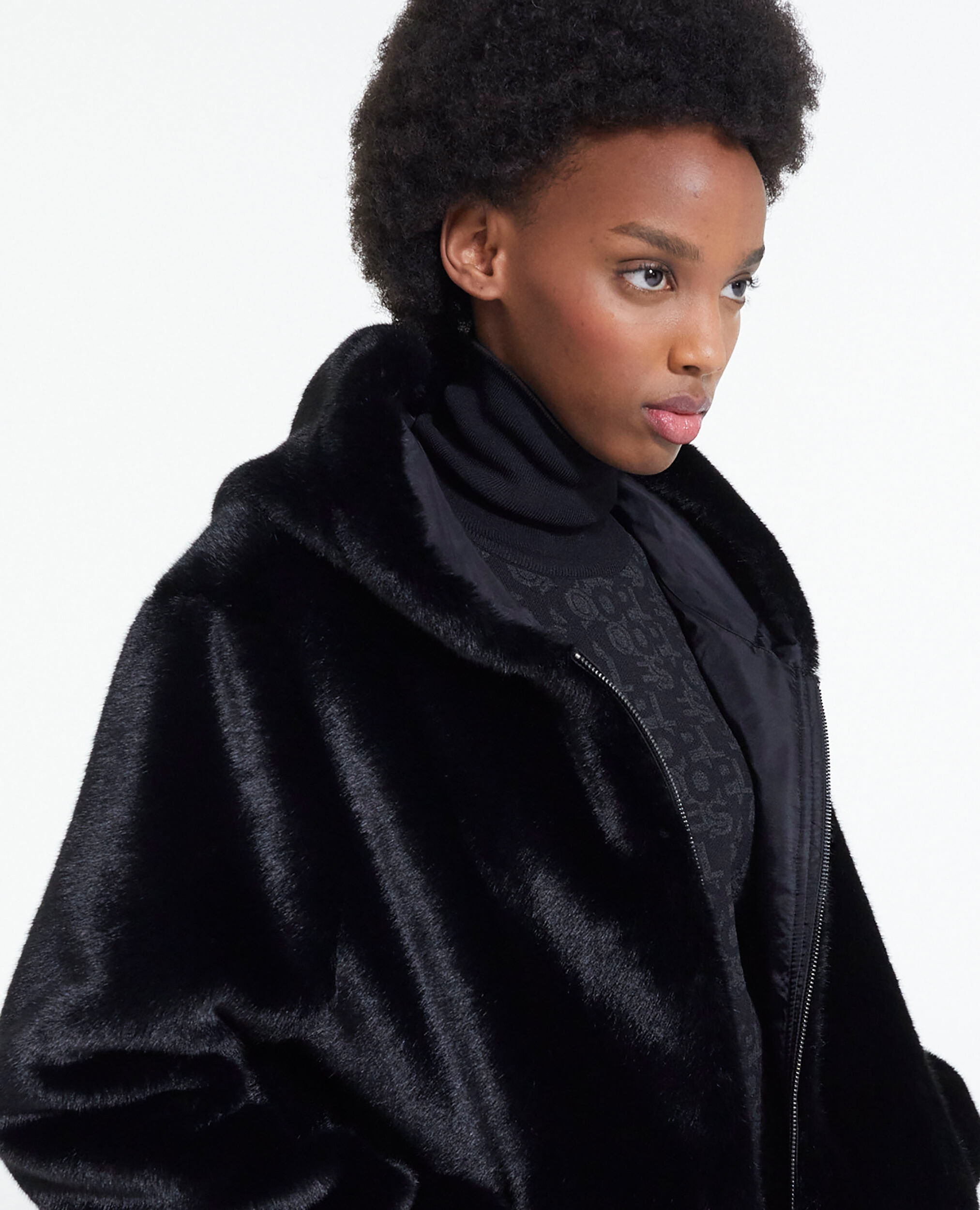 Manteau fausse fourrure à capuche noir, BLACK, hi-res image number null