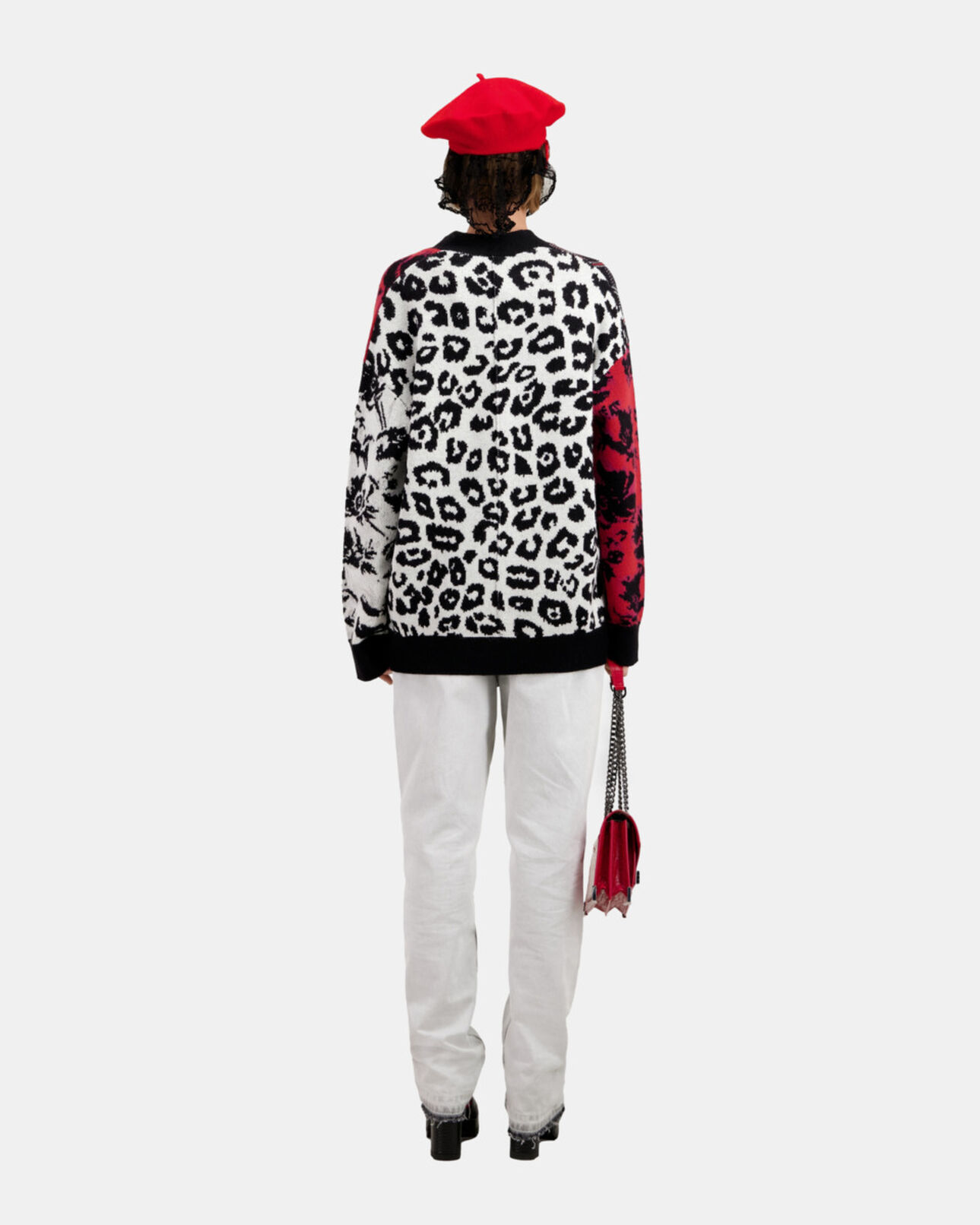 The Kooples WOMEN BLACK / BURGUNDY /WHITE wool-blend cardigan with patchwork