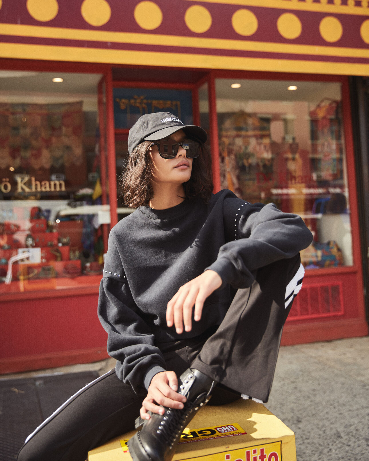 The Kooples WOMEN BLACK cropped black fleece sweatshirt with studs