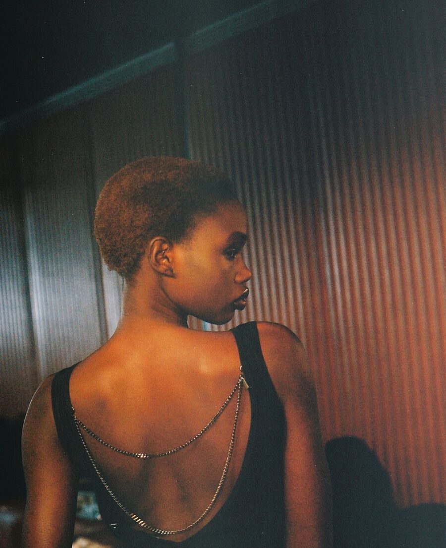 The Kooples F BLACK mesh top with black chains