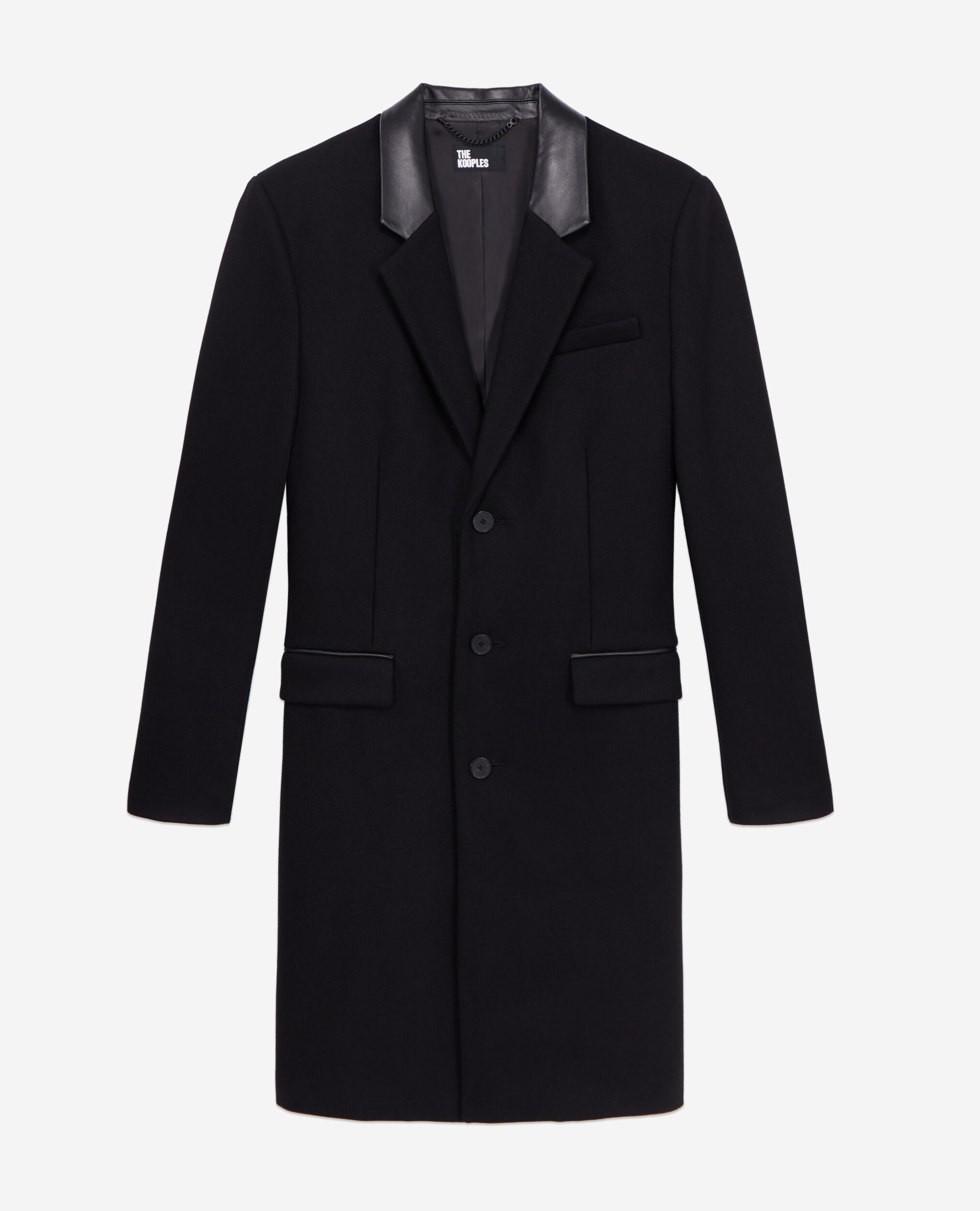 Long black coat in wool blend with leather details | The Kooples - US