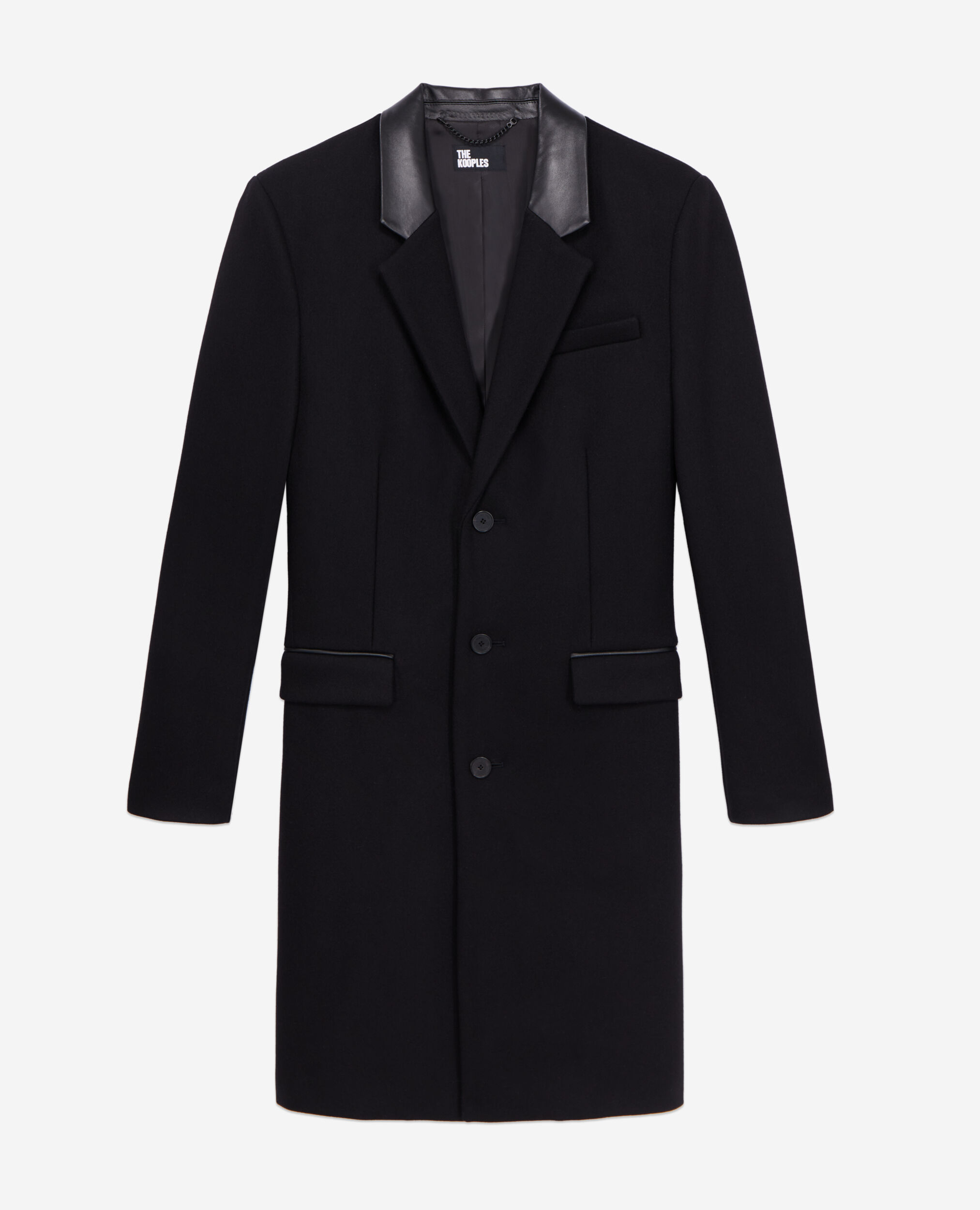 Long black coat in wool blend with leather details, BLACK, hi-res image number null