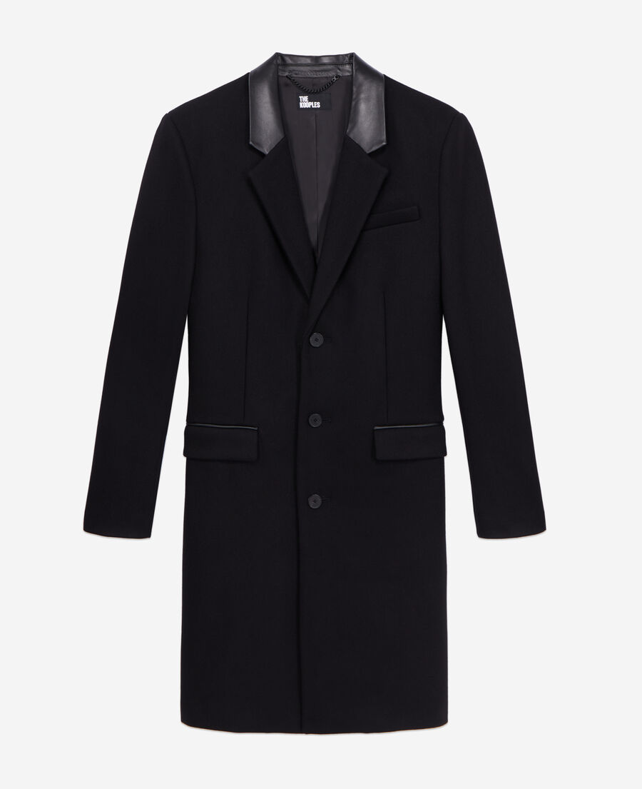 long black coat in wool blend with leather details