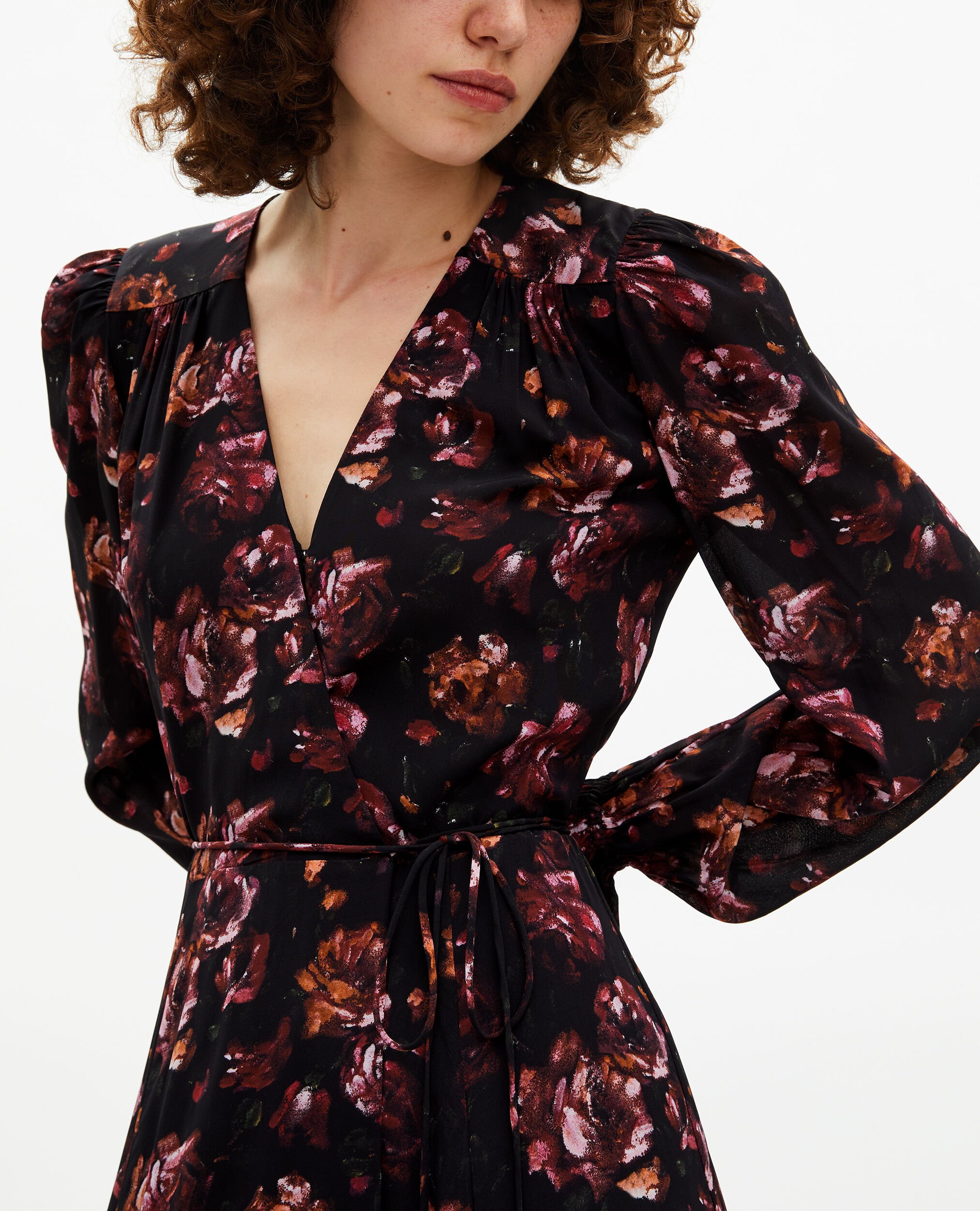 Burgundy silk blend floral print long dress, BLACK - RED, hi-res image number null