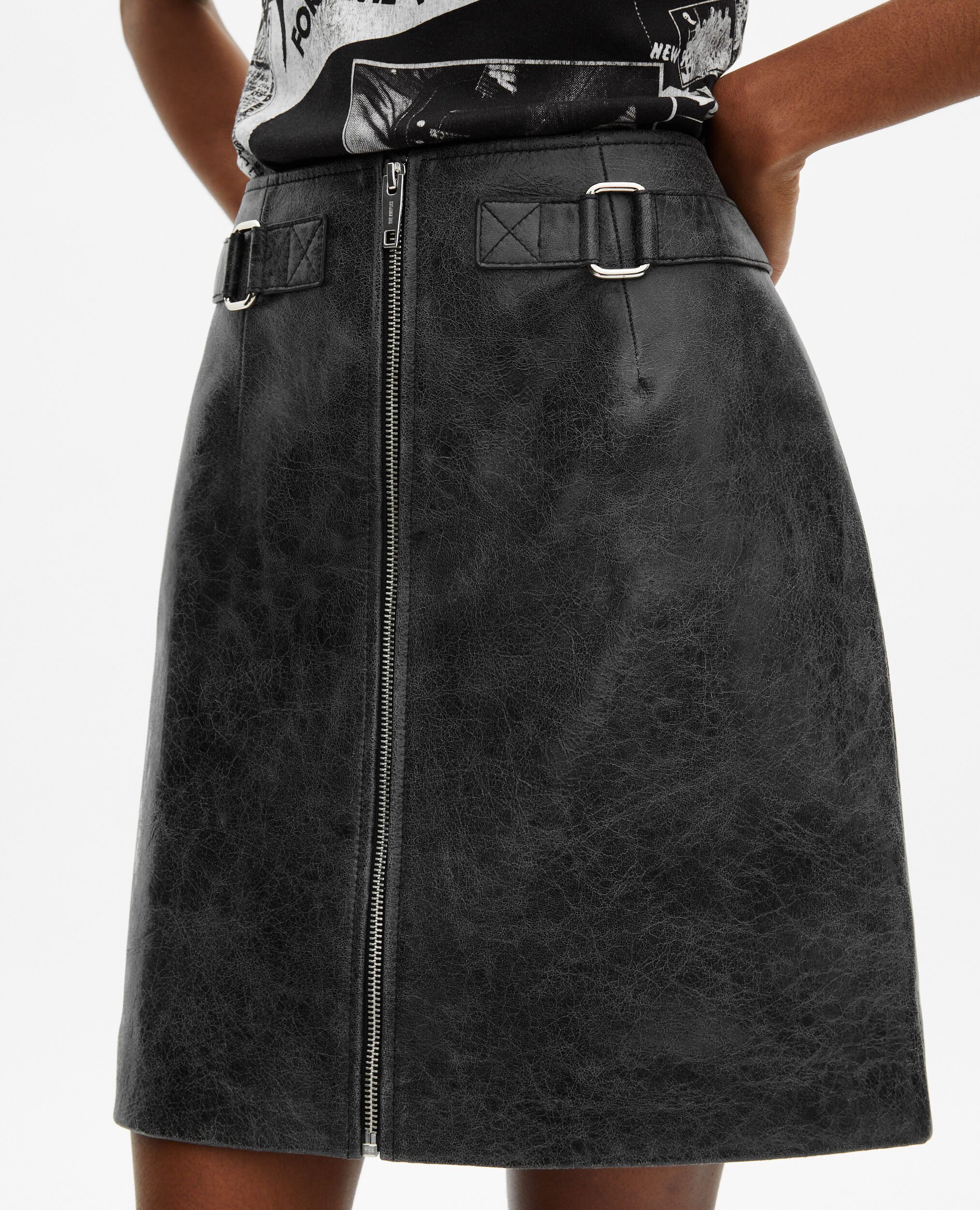 Short black leather skirt with zipper, BLACK STONE, hi-res image number null