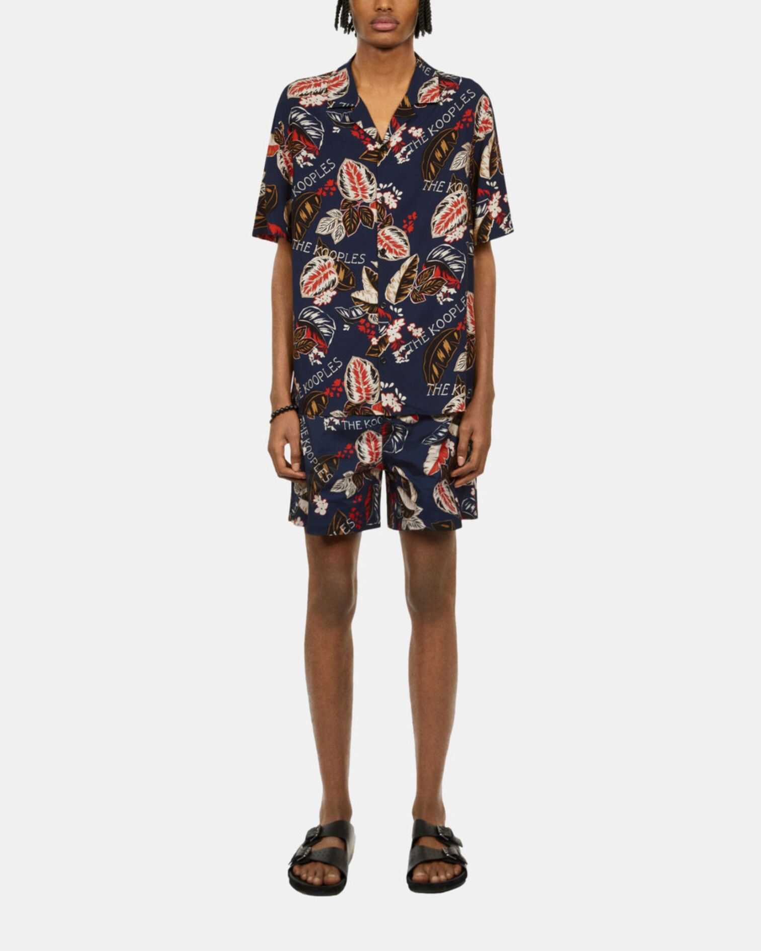 Navy leaf print short sleeve shirt, NAVY, hi-res image number null