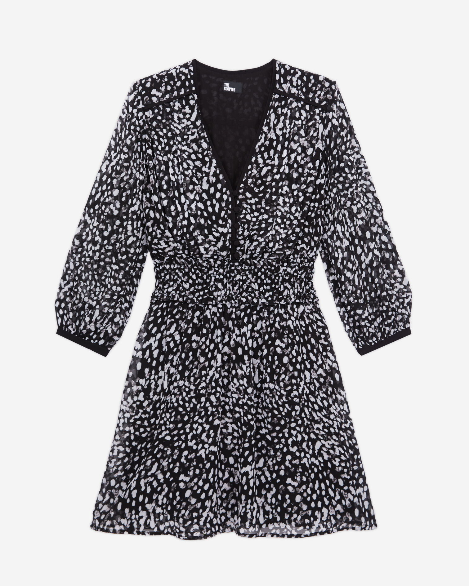 Robe courte imprimée avec smocks, BLACK WHITE, hi-res image number null