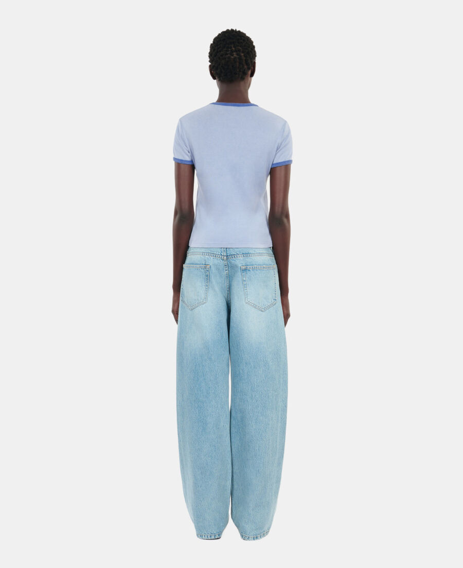 The Kooples DAMEN STONE BLUE blaues t-shirt mit &bdquo;no risk&ldquo;-siebdruck