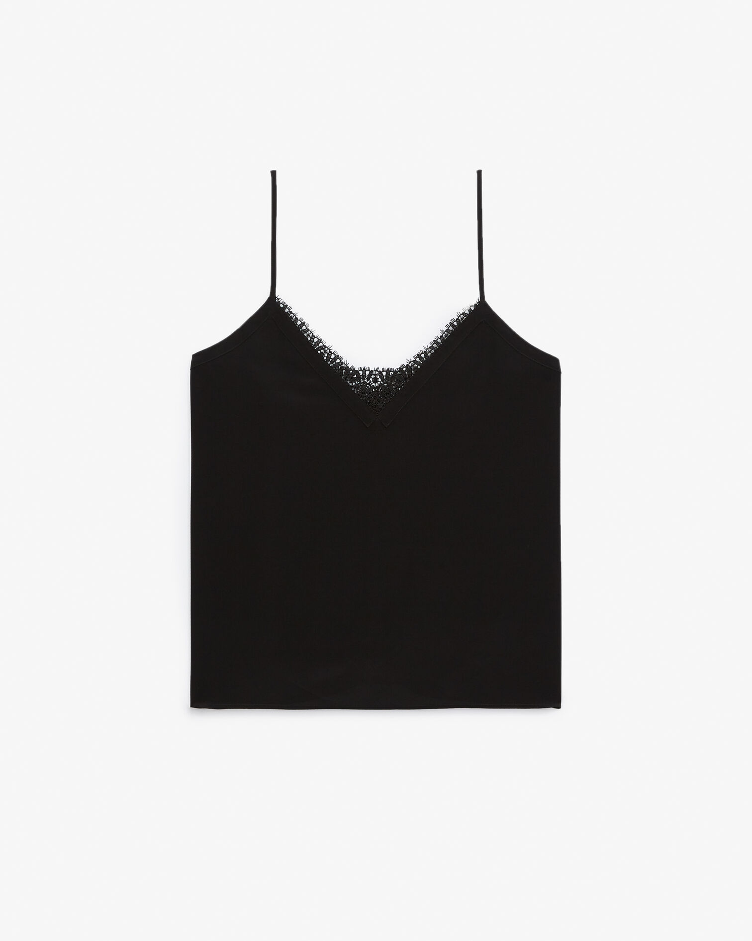 Black silk camisole with V-neck and lace back, BLACK, hi-res image number null