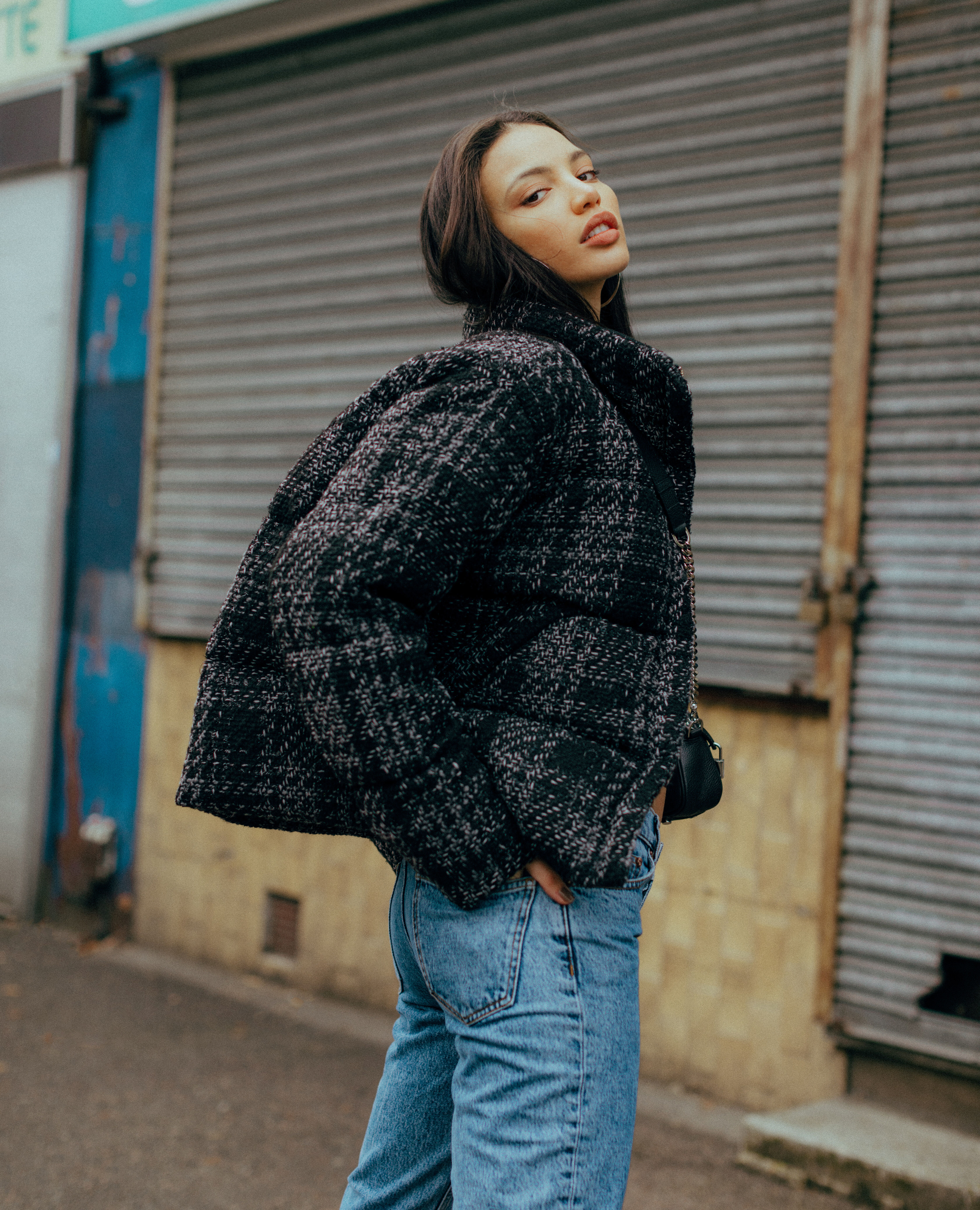 Tweed puffer jacket top