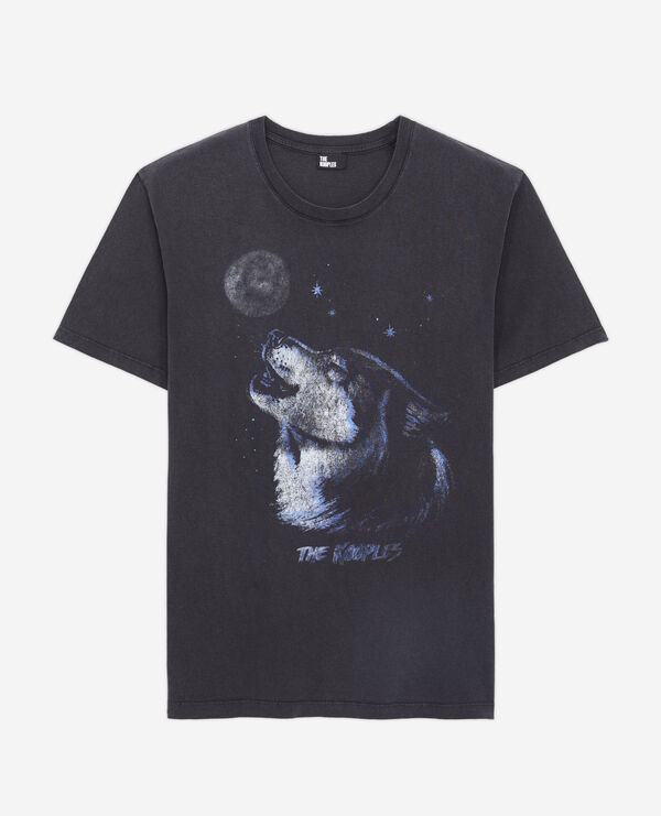 schwarzes t-shirt herren mit „wolf“-siebdruck
