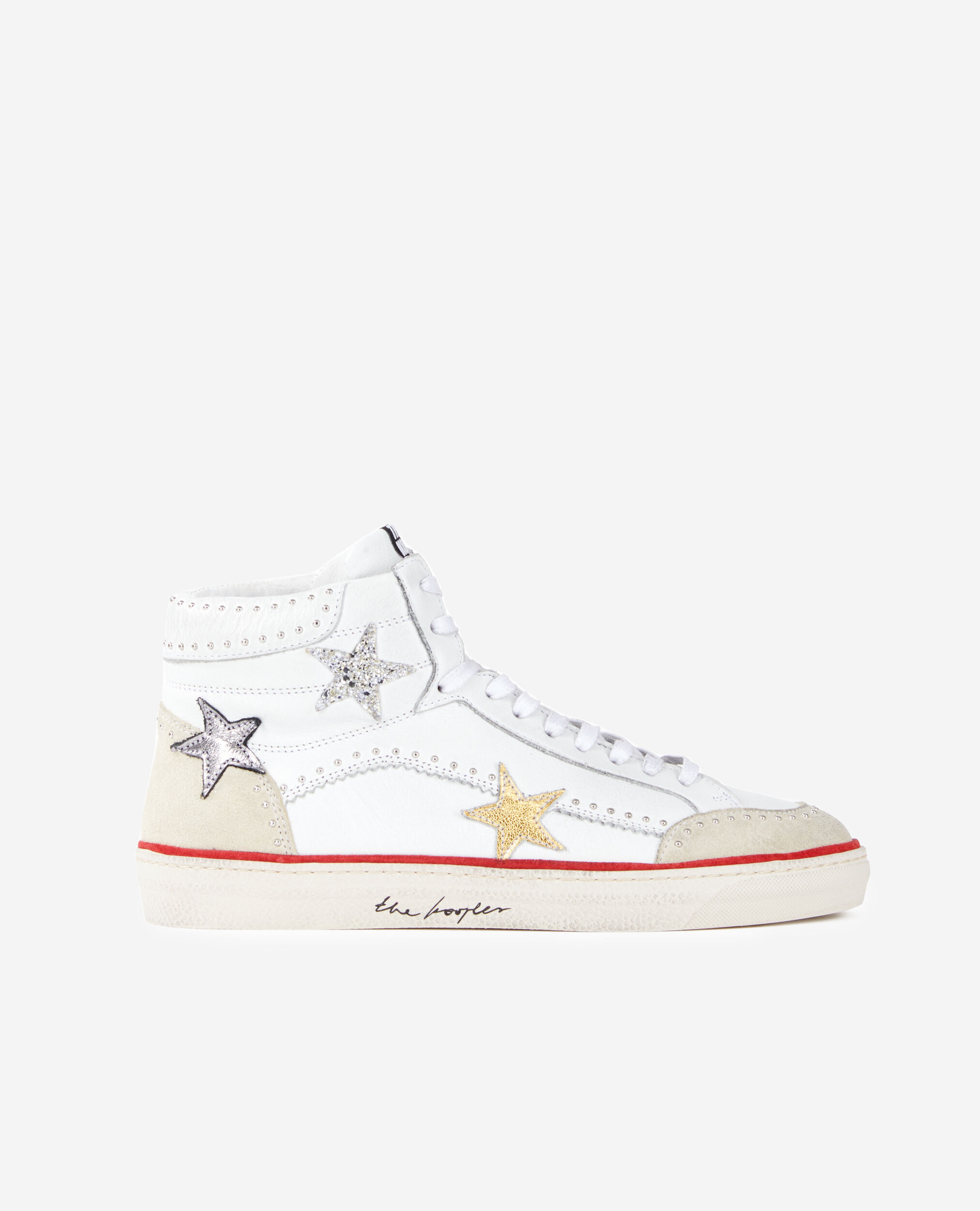 White leather high top sneakers with stars