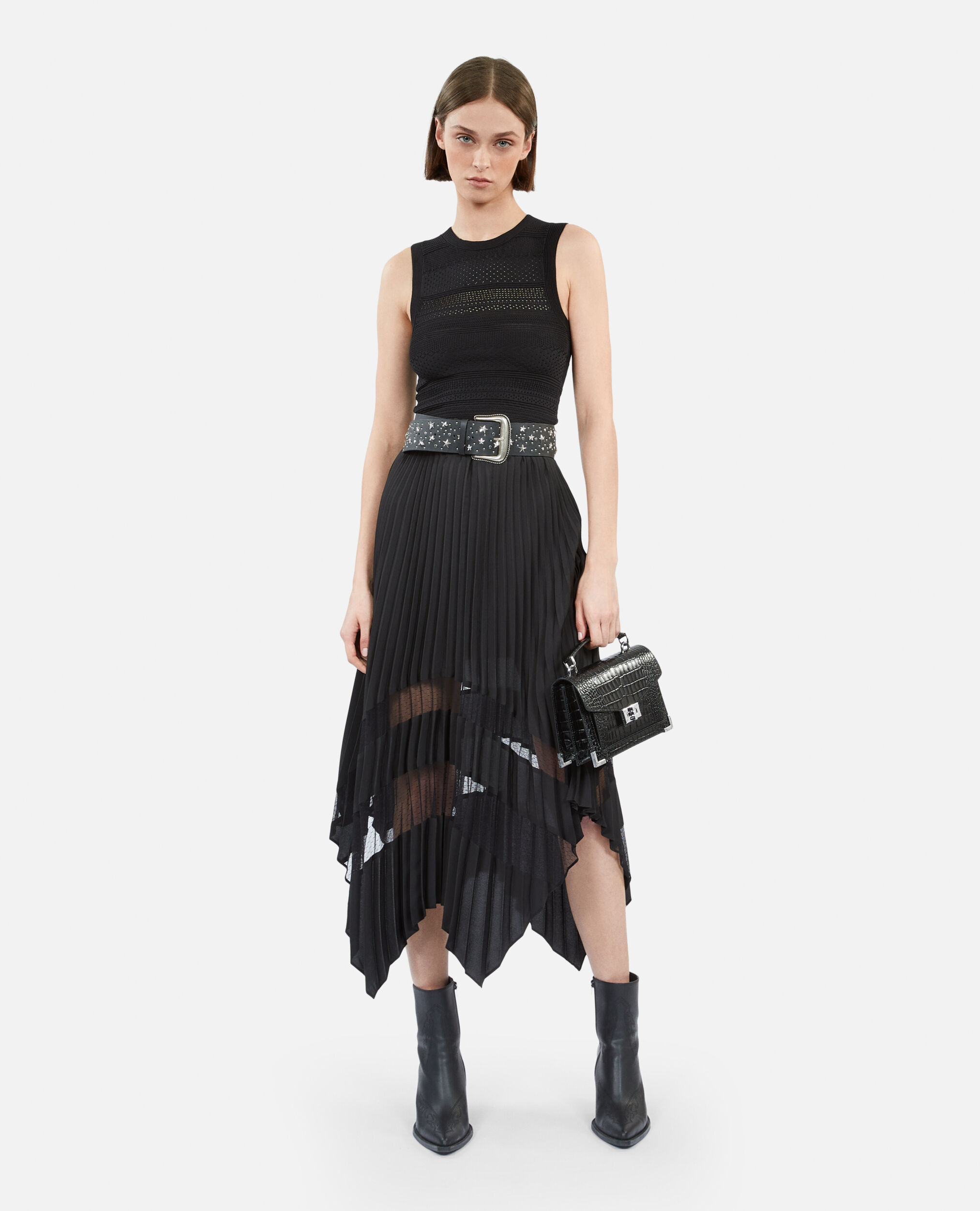 Navy Pleated Maxi Skirt with Rainbow Waistband  SilkFred