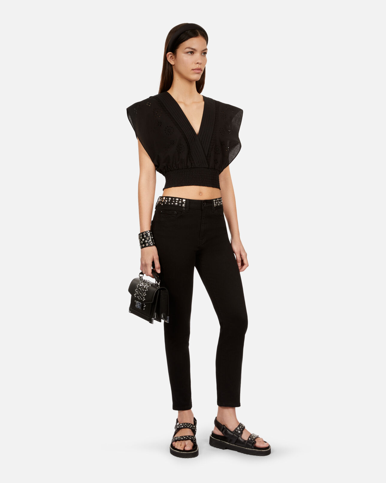 The Kooples WOMEN BLACK small emily bag in black leather with studs and eyelets